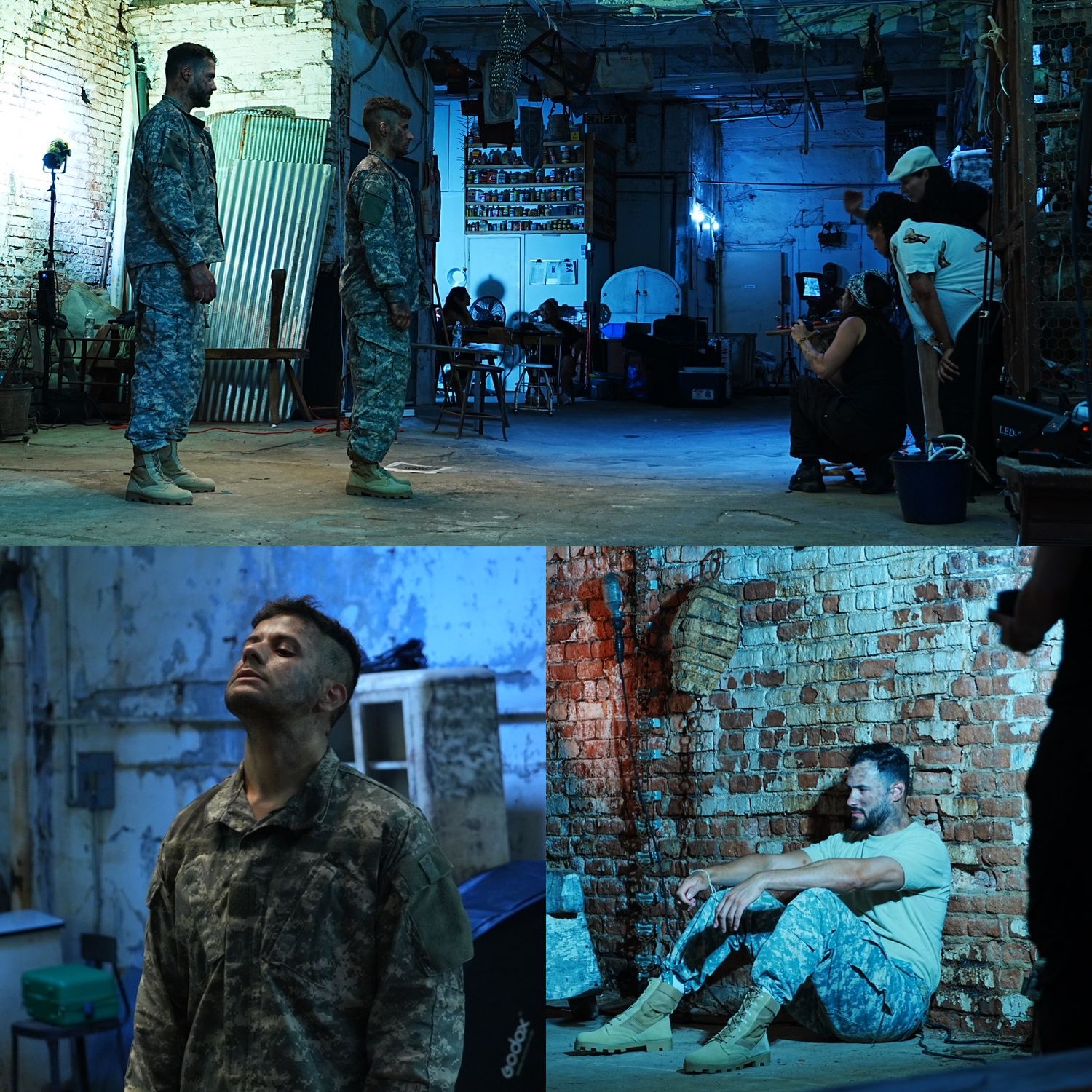 Behind-the-scenes footage in an industrial setting with blue atmospheric lighting.