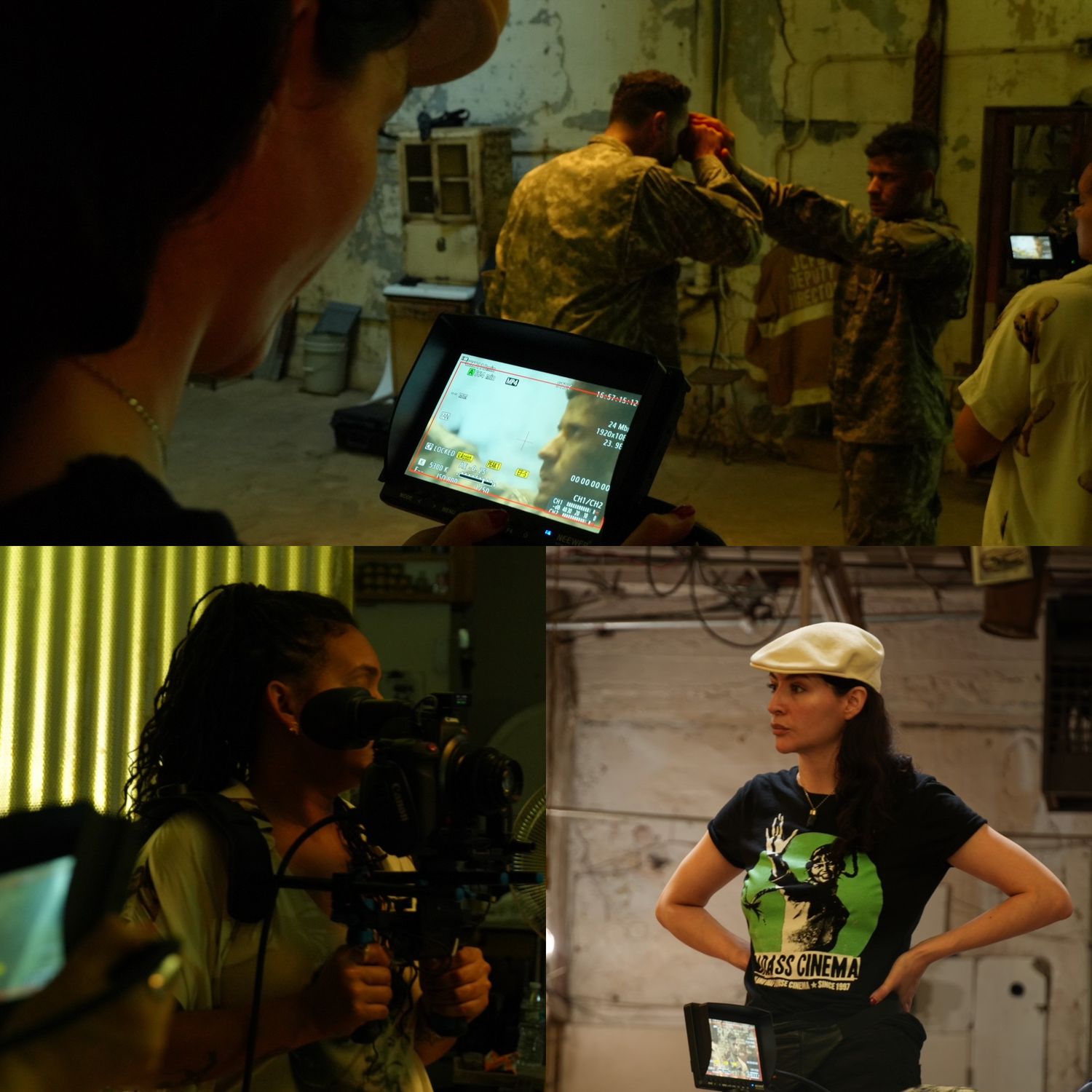 Film production crew working on set with various equipment and monitors.