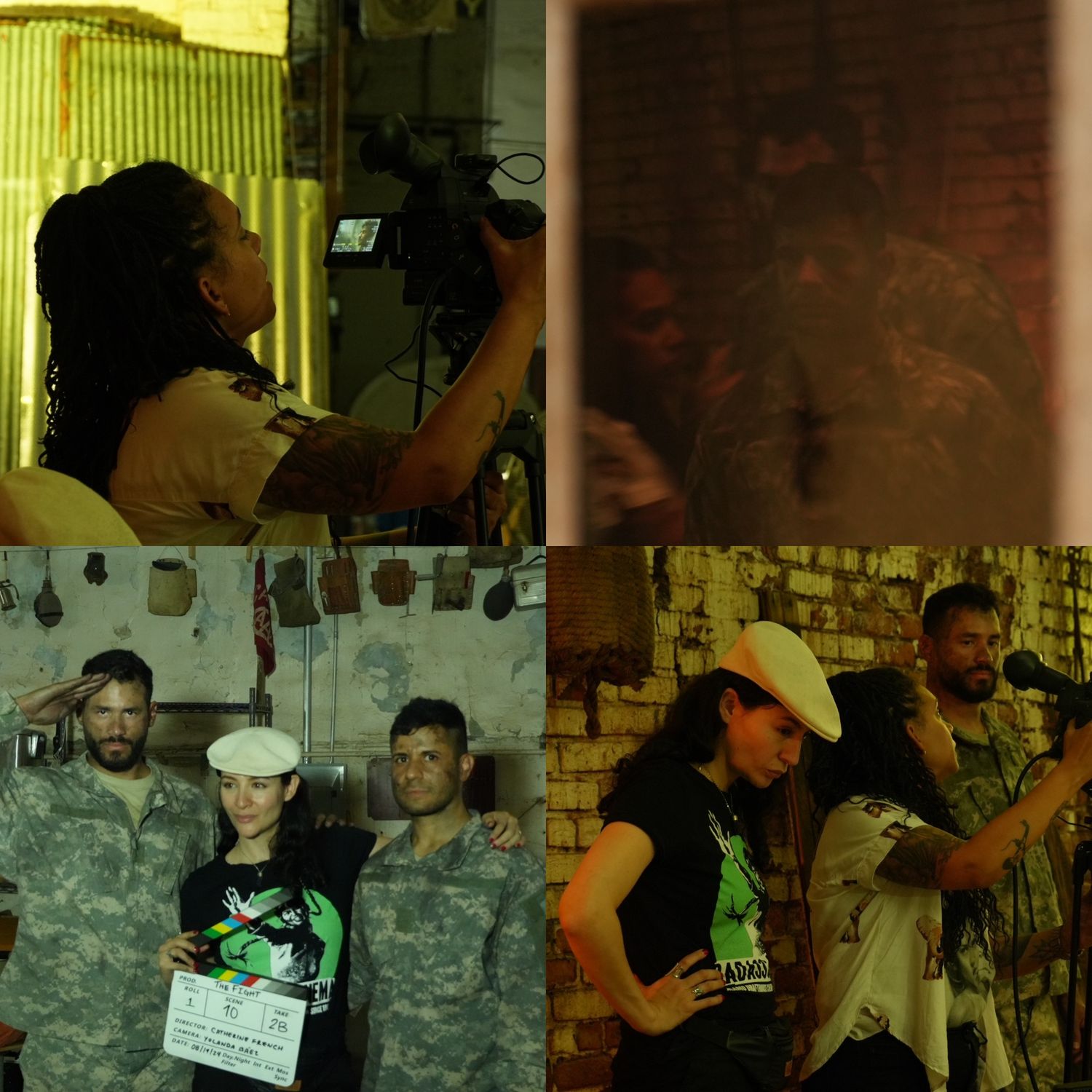 Film set with yellow lighting showing crew members and production equipment.