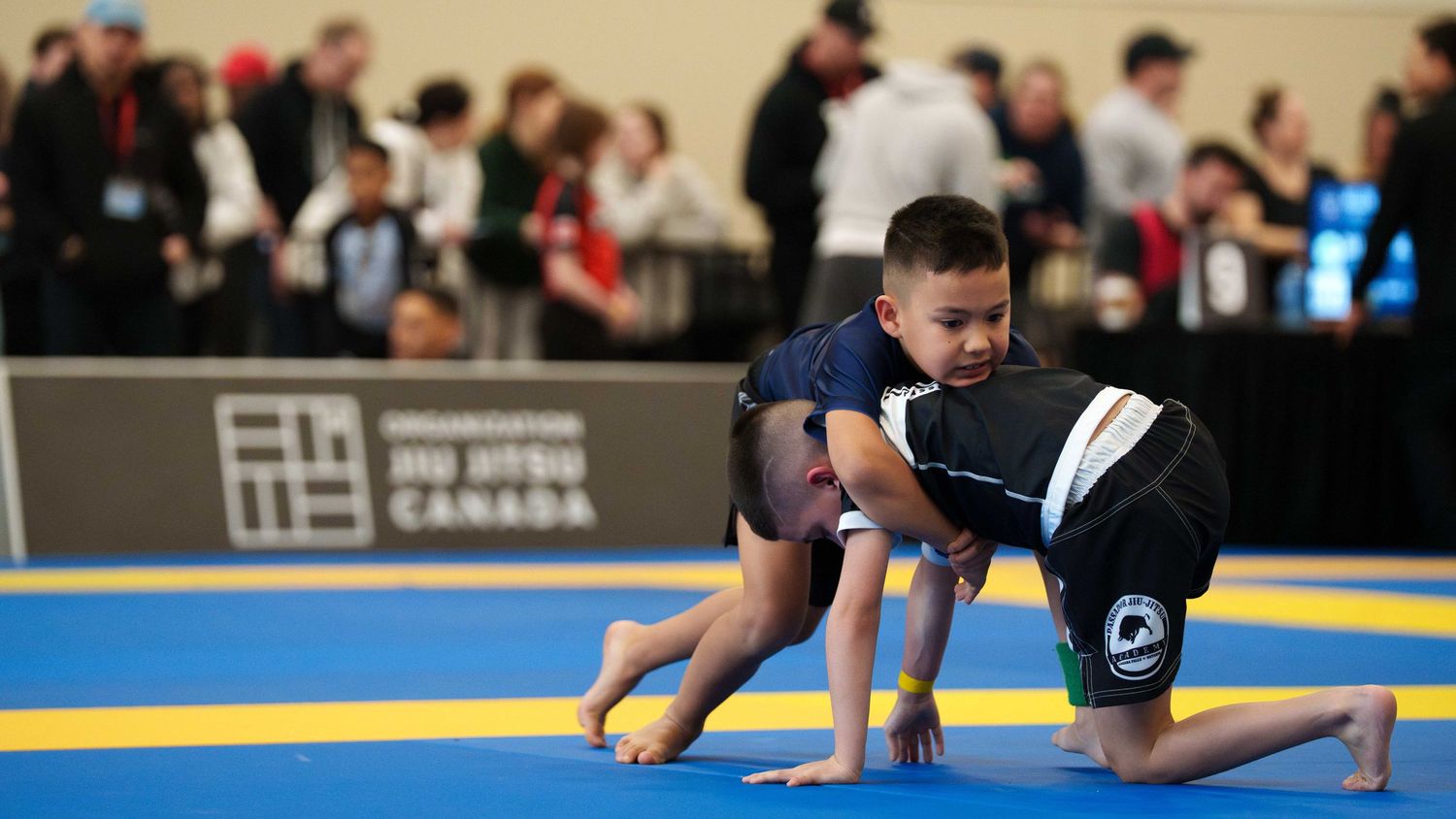 Two young boy BJJ fighters in rash guards grapple on the ground.