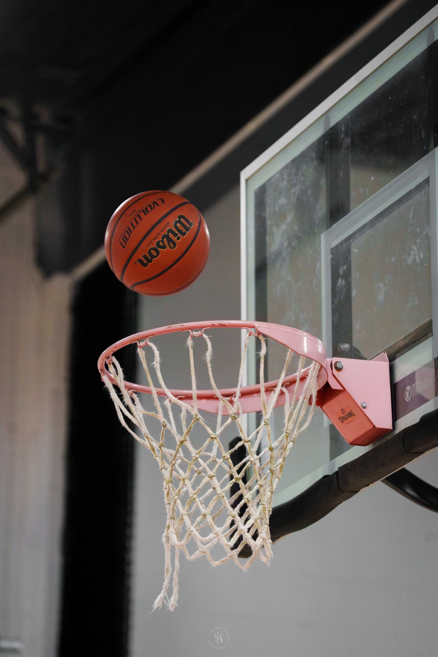A Wilson basketball frozen above the net.