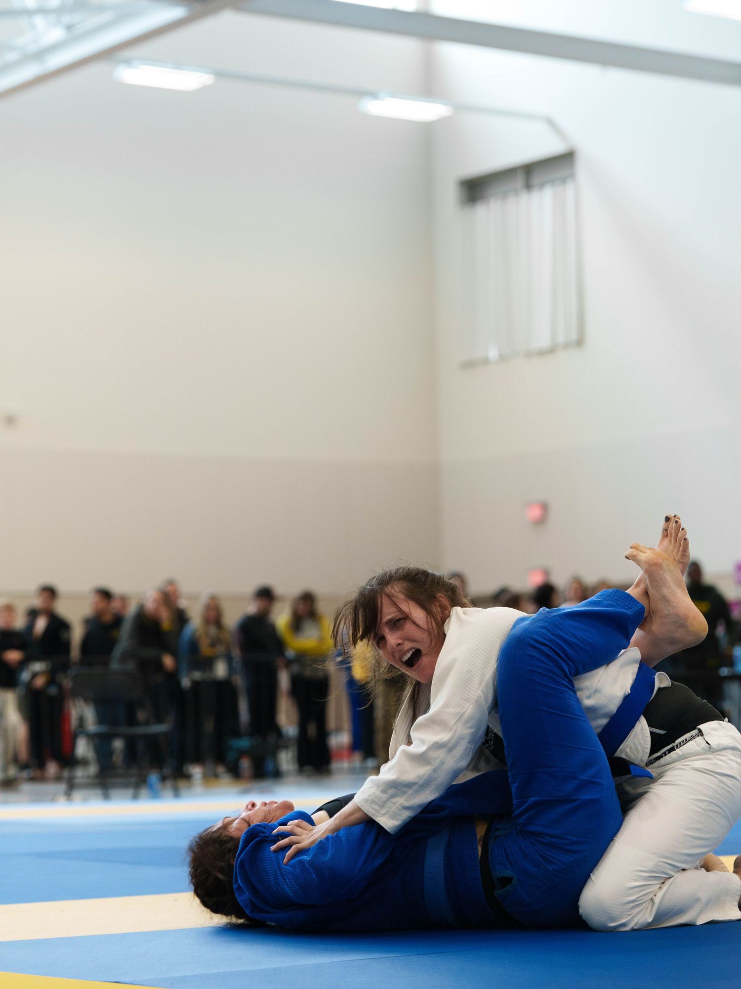 Two female BJJ fighters - one in a blue gi and the other in a white gi - grapple on the ground.