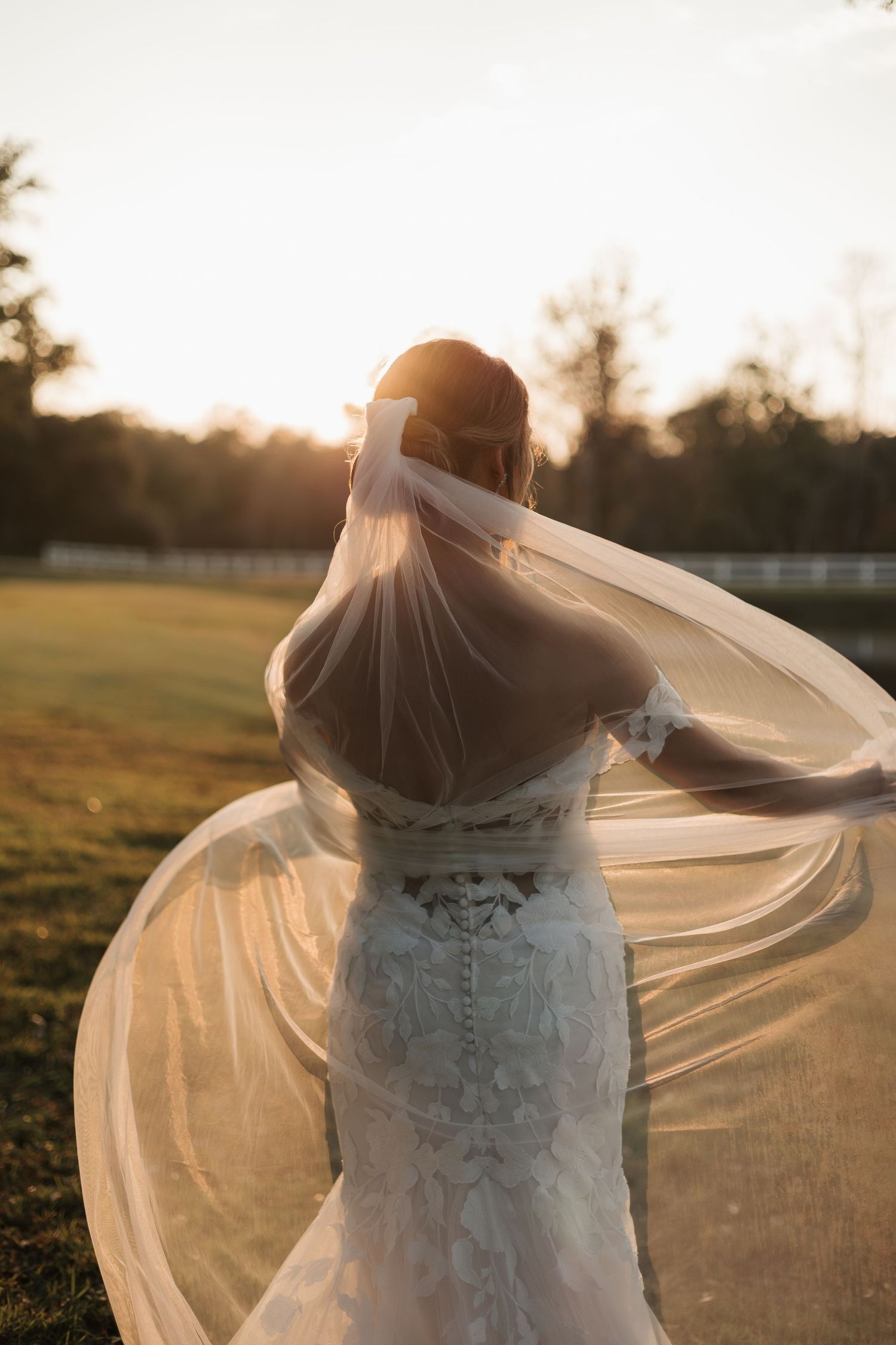 Bride in lace wedding gown and flowing veil stands backlit by golden sunset on green field.