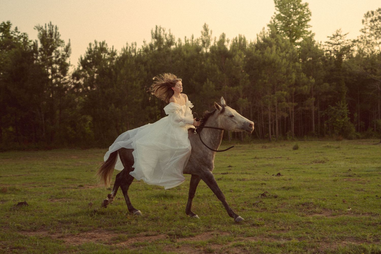 A woman in a flowing white dress rides a horse gracefully across a green field at sunset with trees in the background.