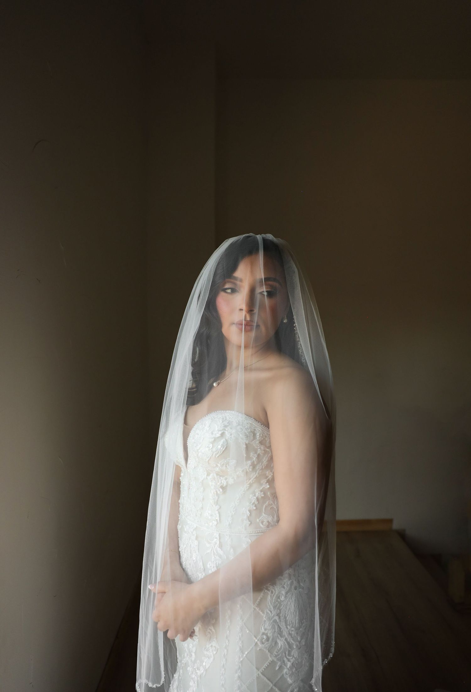 Elegant bride in strapless lace wedding gown wearing a flowing white veil, posing in soft natural light.