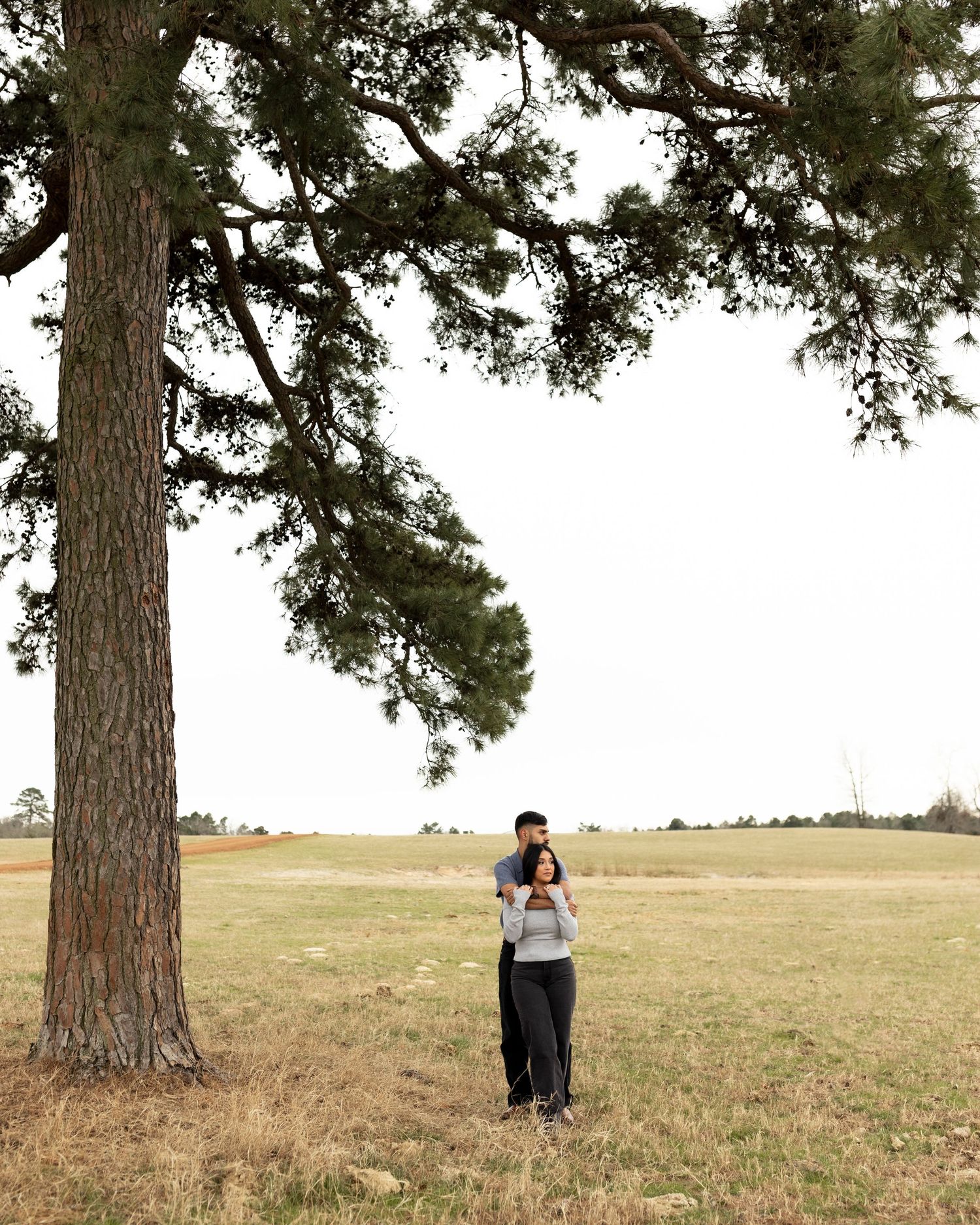A couple stands together beneath a large pine tree in an open field, with one person on the others shoulders.
