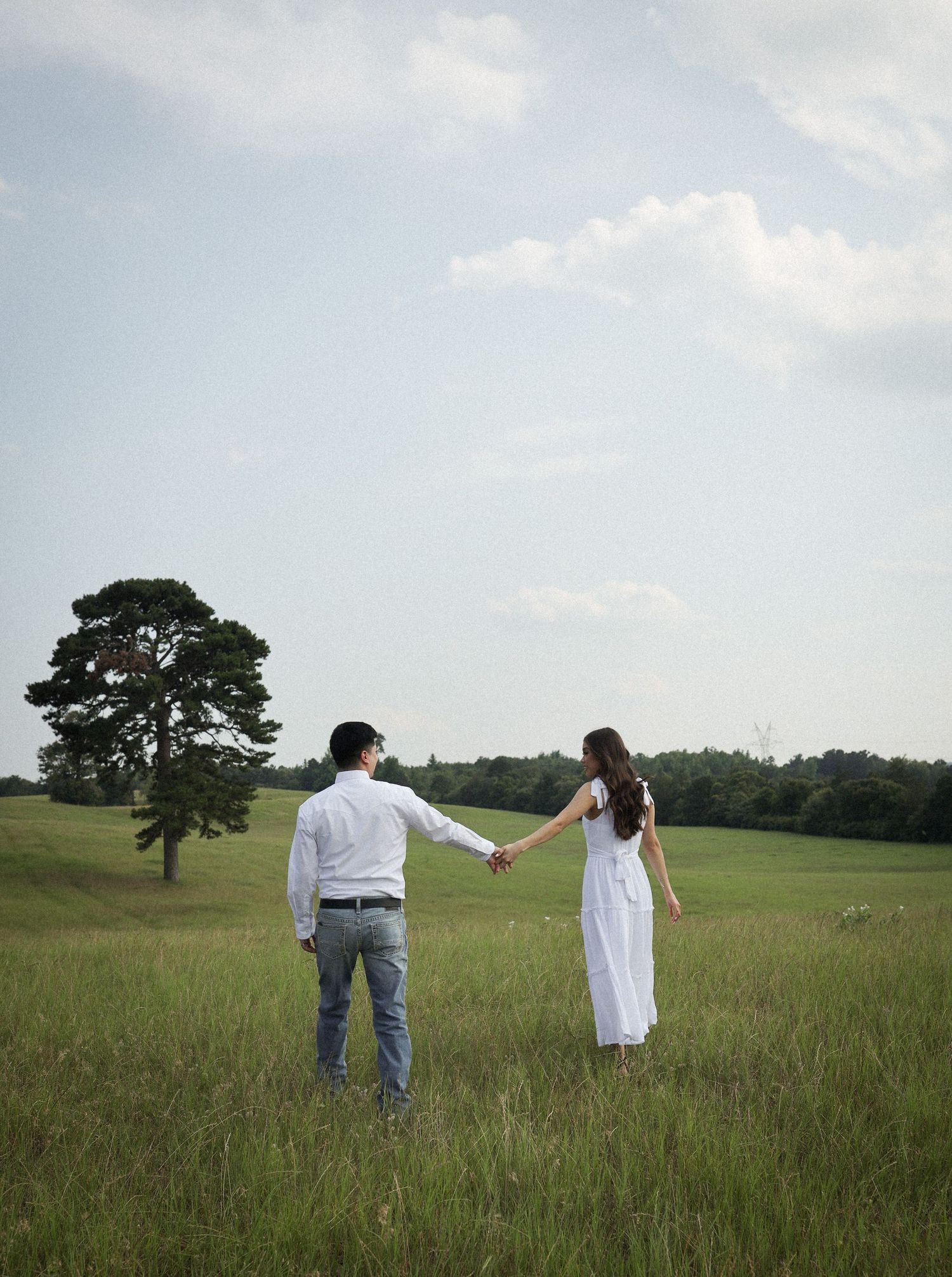 Couple holding hands walking through green meadow toward large tree under cloudy sky from behind.
