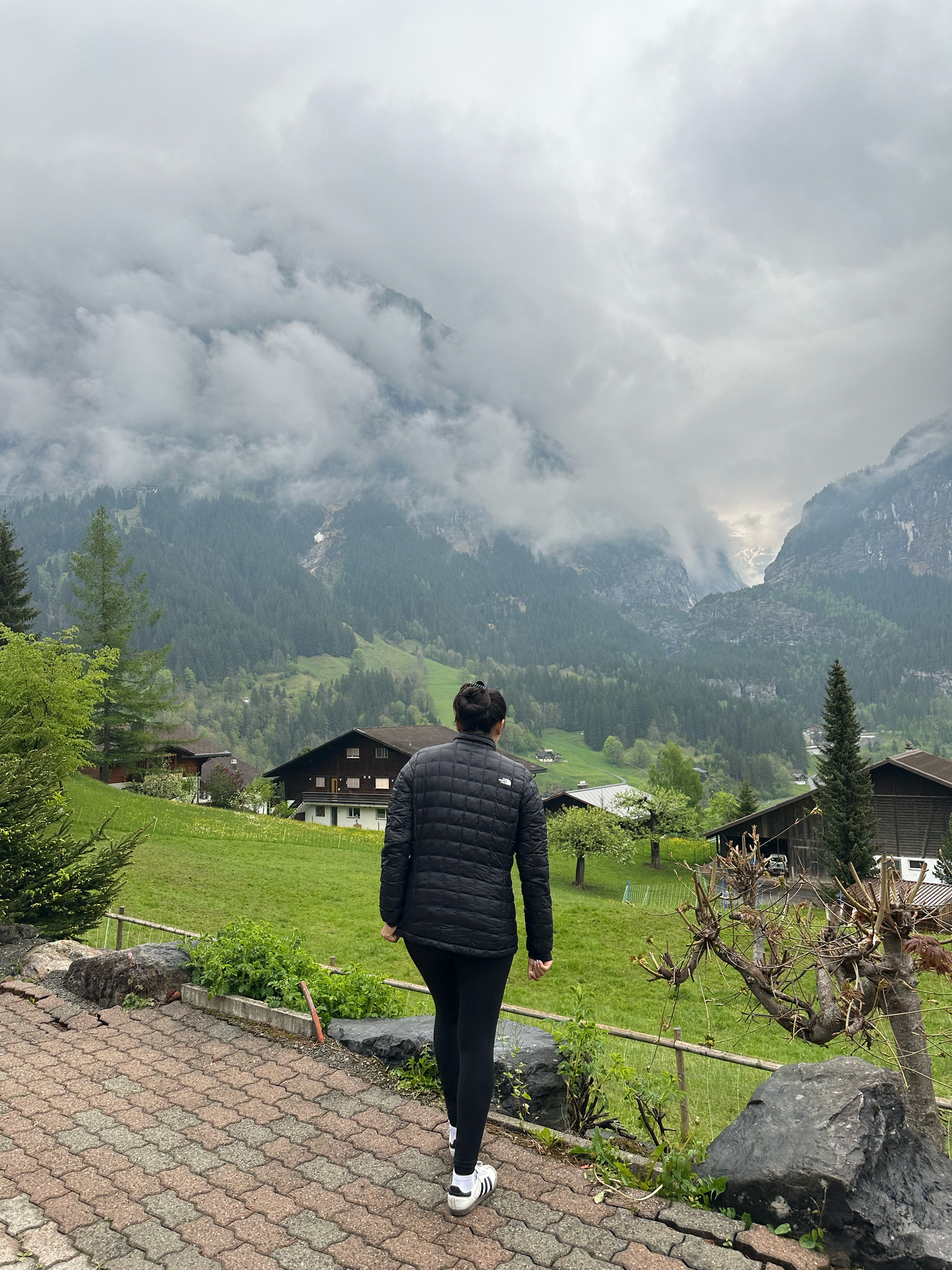 A person in a black jacket walks toward a lush green Swiss alpine valley landscape.