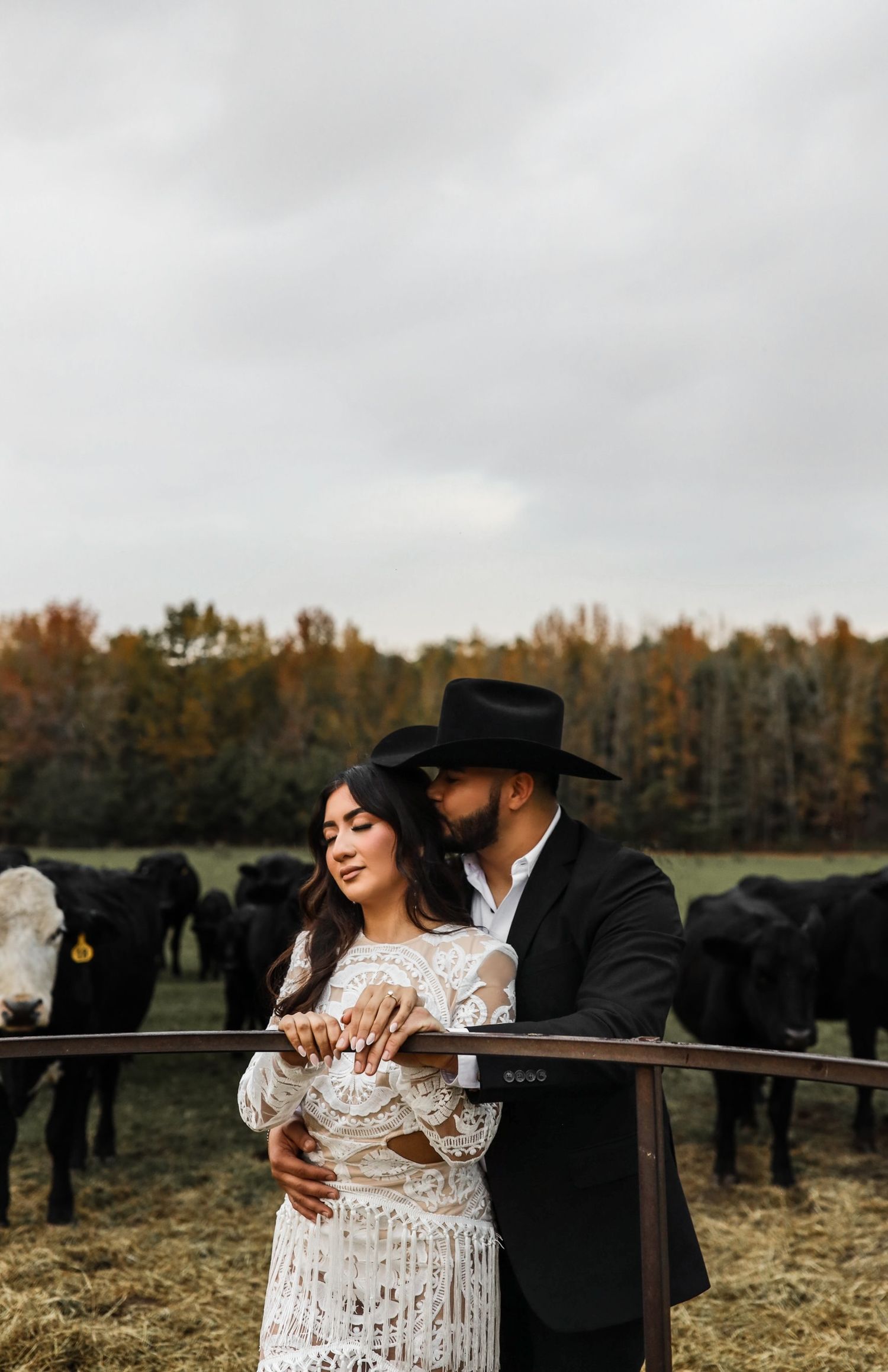 A couple embraces at a wooden fence on a farm with black cattle grazing in the background on a cloudy day.
