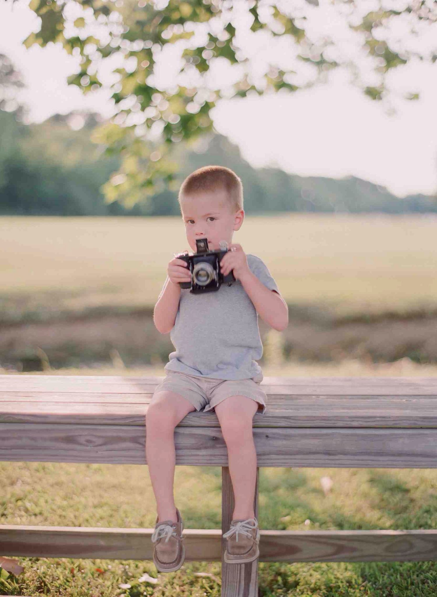 A small child sits on a wooden fence holding a vintage camera in a sunny outdoor setting.