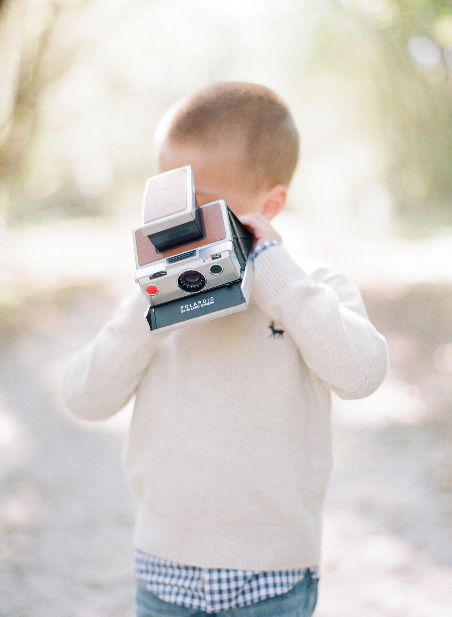 A sequence showing someone holding and examining a vintage camera in soft natural light.