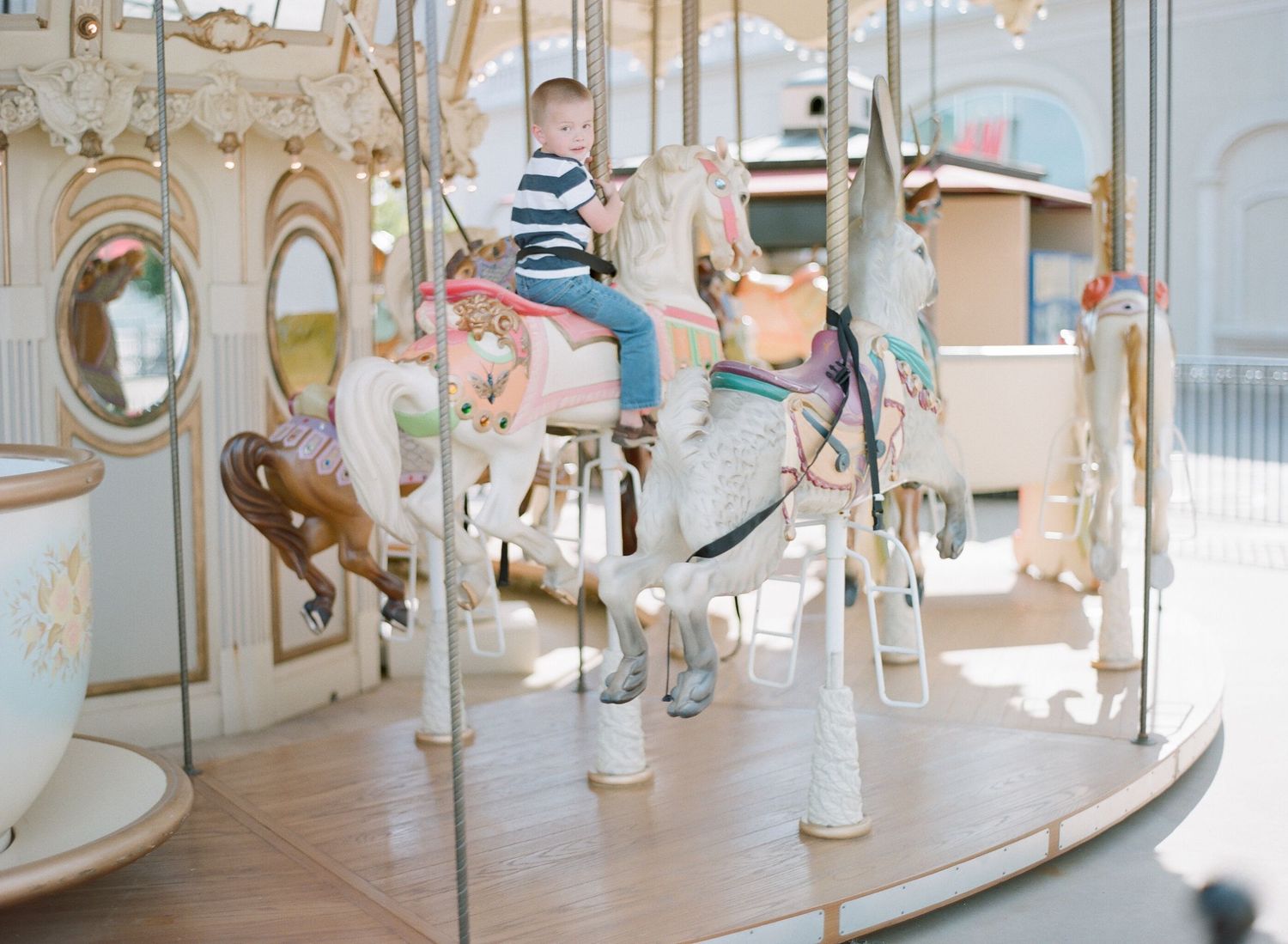 Vintage carousel with white and gold details spinning in an indoor setting.