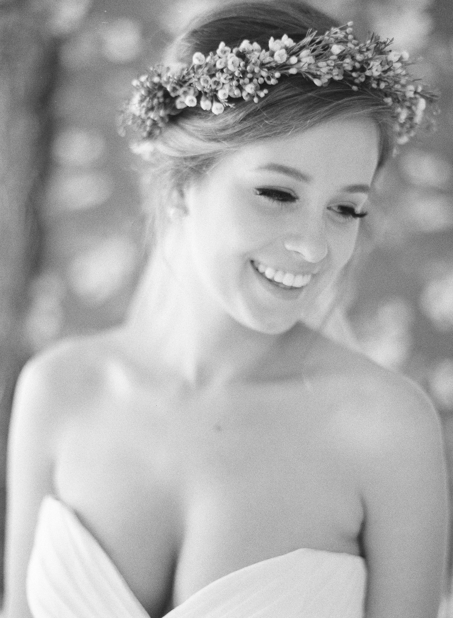 Ethereal bridal series showing joyful expressions and floral crown details.