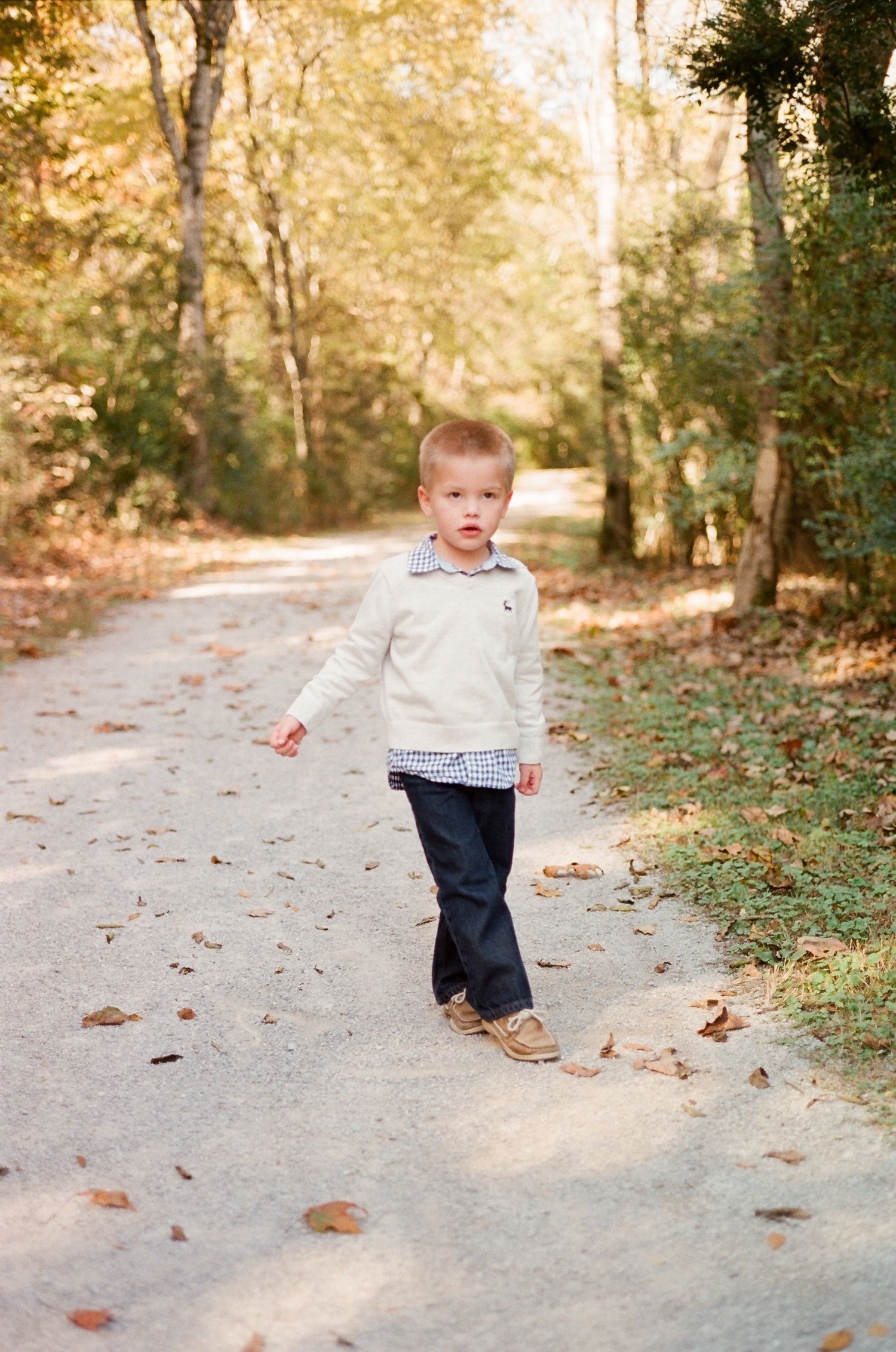 Small child walking and playing on autumn path surrounded by fallen leaves.