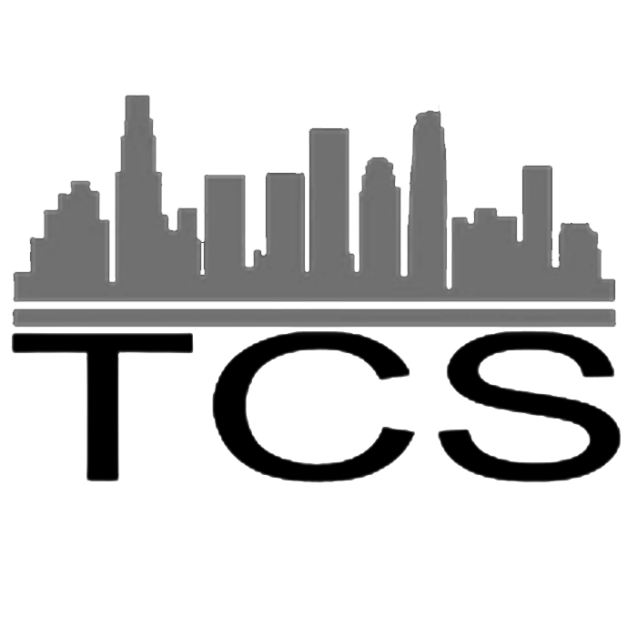 Urban skyline silhouette with TCS branding overlay.