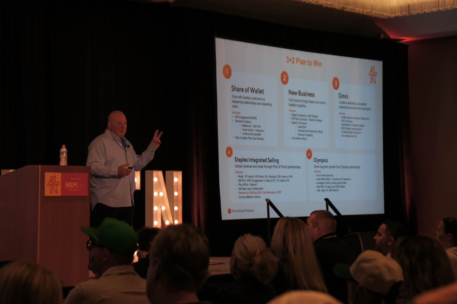 Speaker presenting business strategy slide at corporate conference with audience seated in darkened venue.