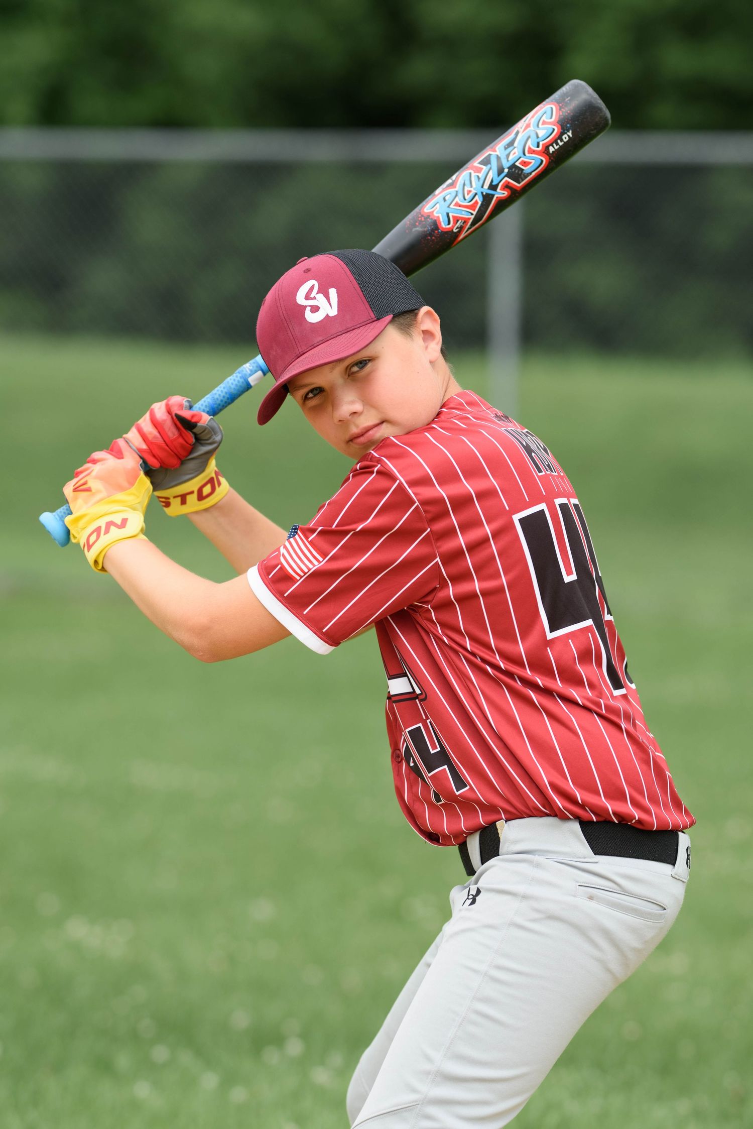 Spring Valley Cardinals youth baseball player in batting stance wearing red pinstripe uniform.