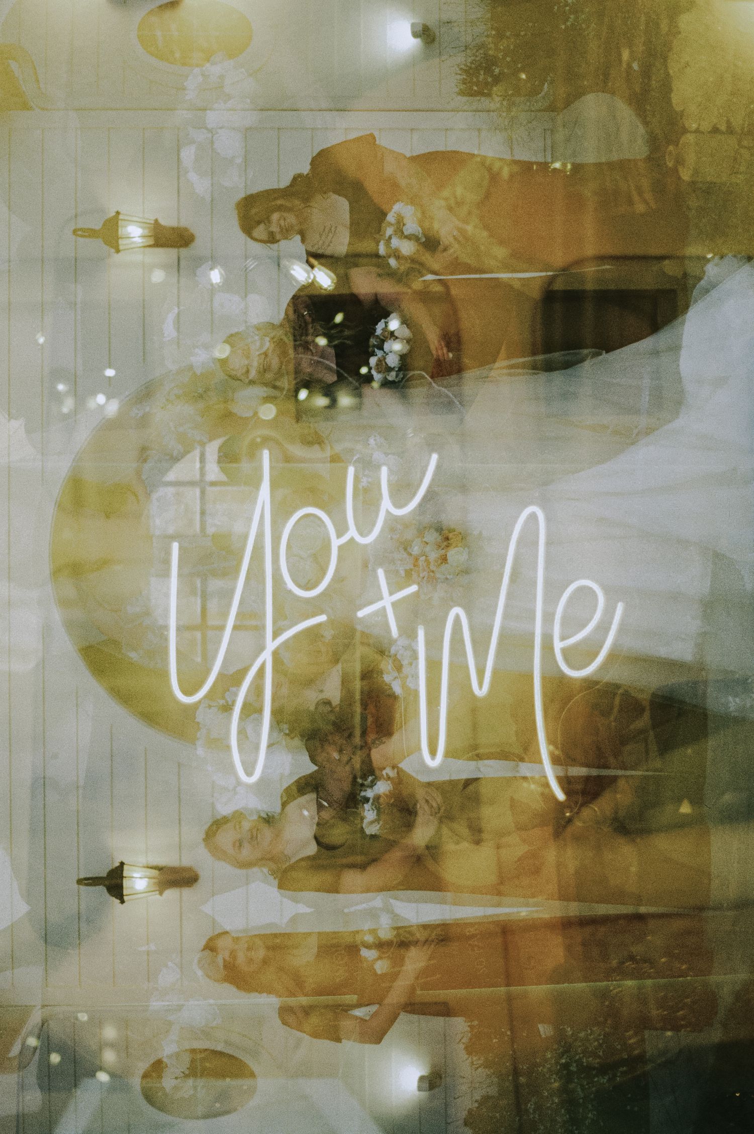 Dreamy double exposure photo with glowing neon 