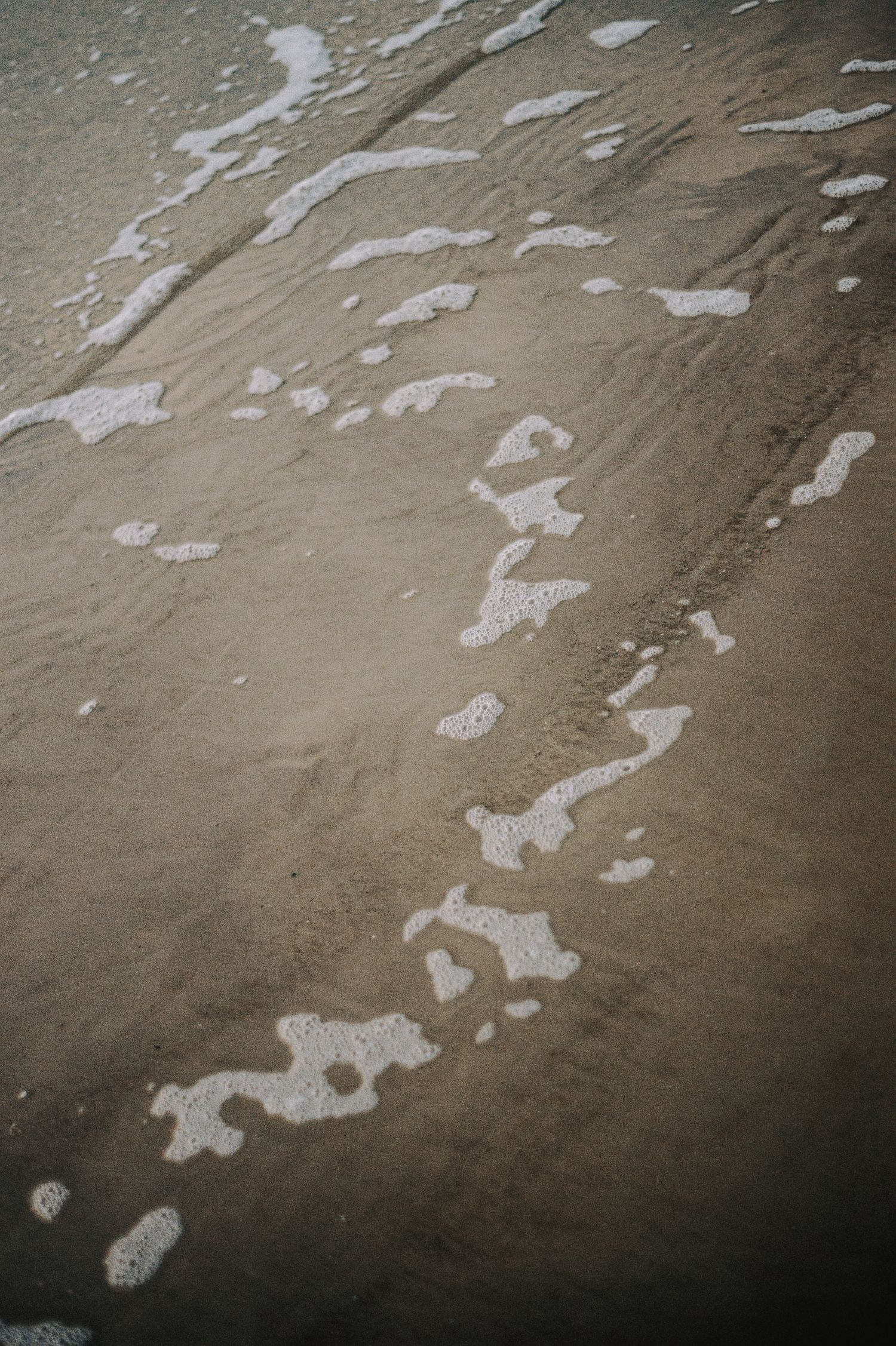 Close-up of wet sandy beach shoreline with scattered white sea foam patterns on the sand.