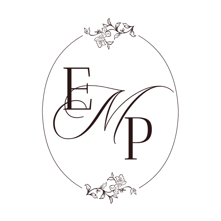 Elegant wedding monogram logo featuring intertwined letters E M P with delicate floral embellishments in an oval frame.