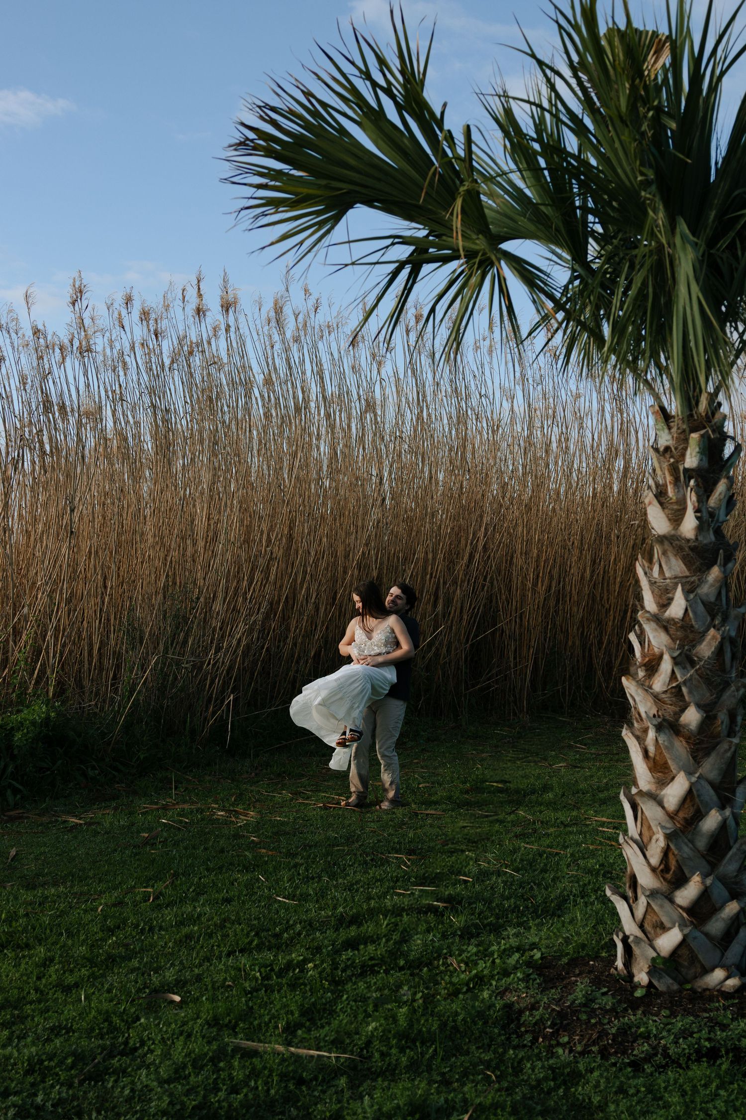 Couple dancing playfully in green field beside palm tree with tall golden reeds backdrop.