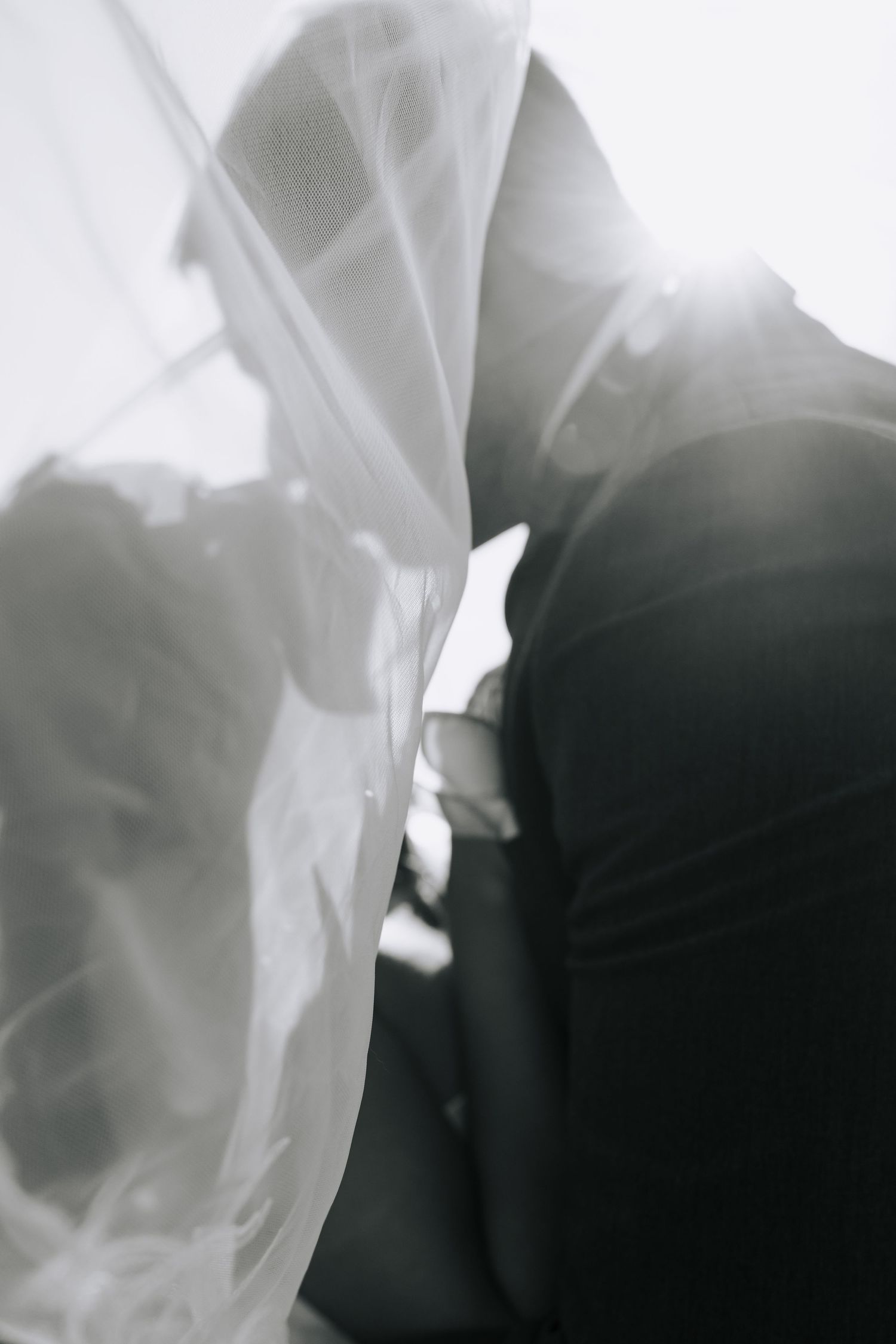 Black and white wedding photo of bride and groom kissing under veil with sunlight glowing behind them.