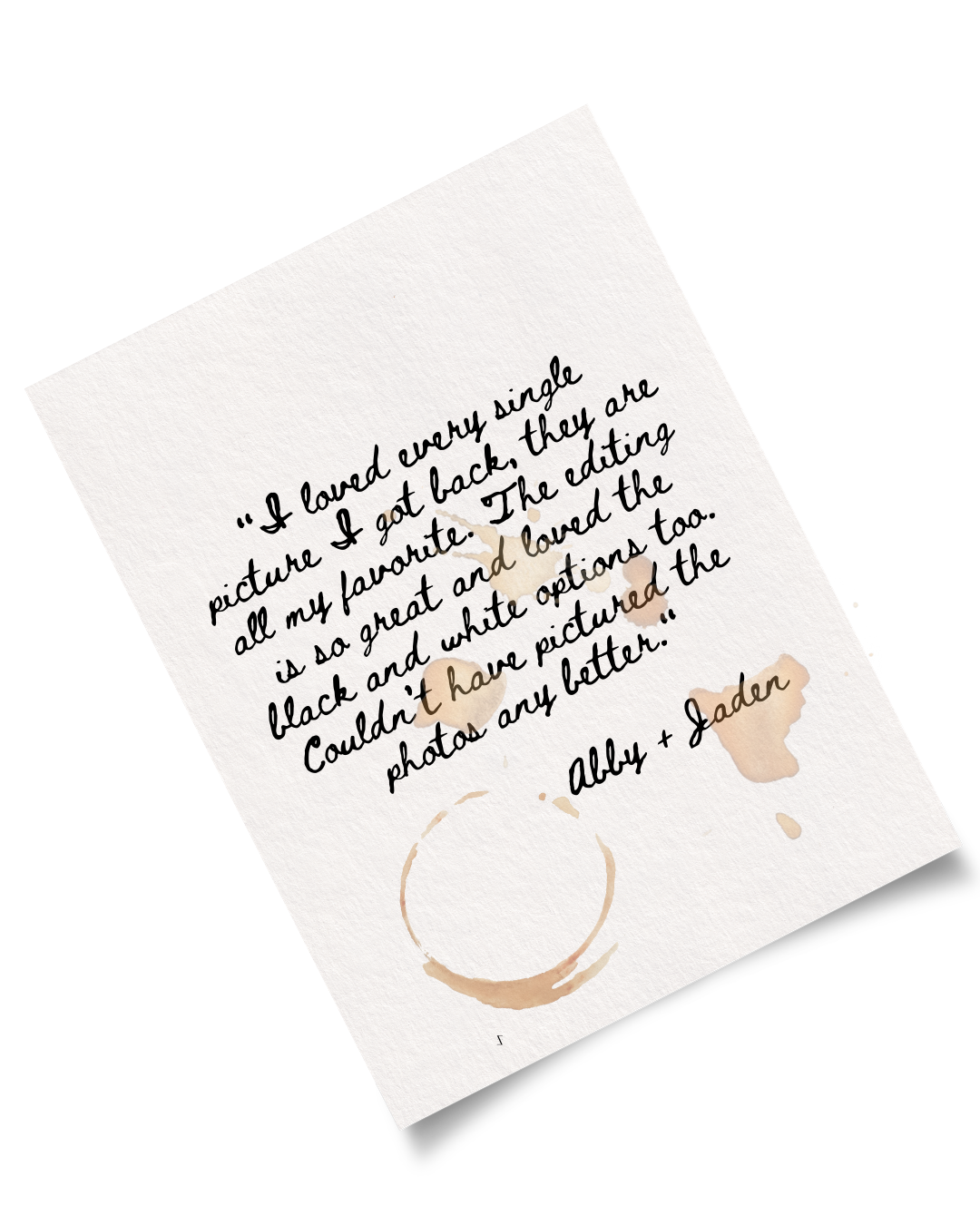 Coffee cup stains and handwritten text notes on white paper create an artistic arrangement.