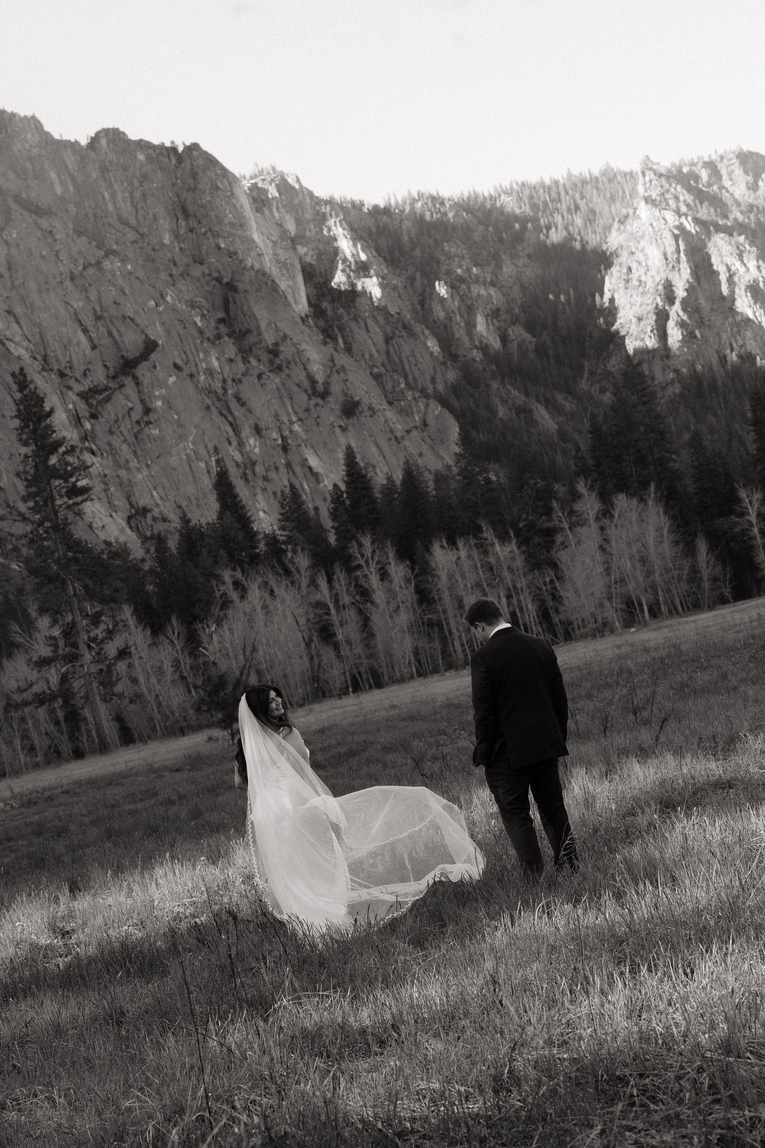 Black and white photo of bride and groom walking in mountain meadow, veil flowing in wind.