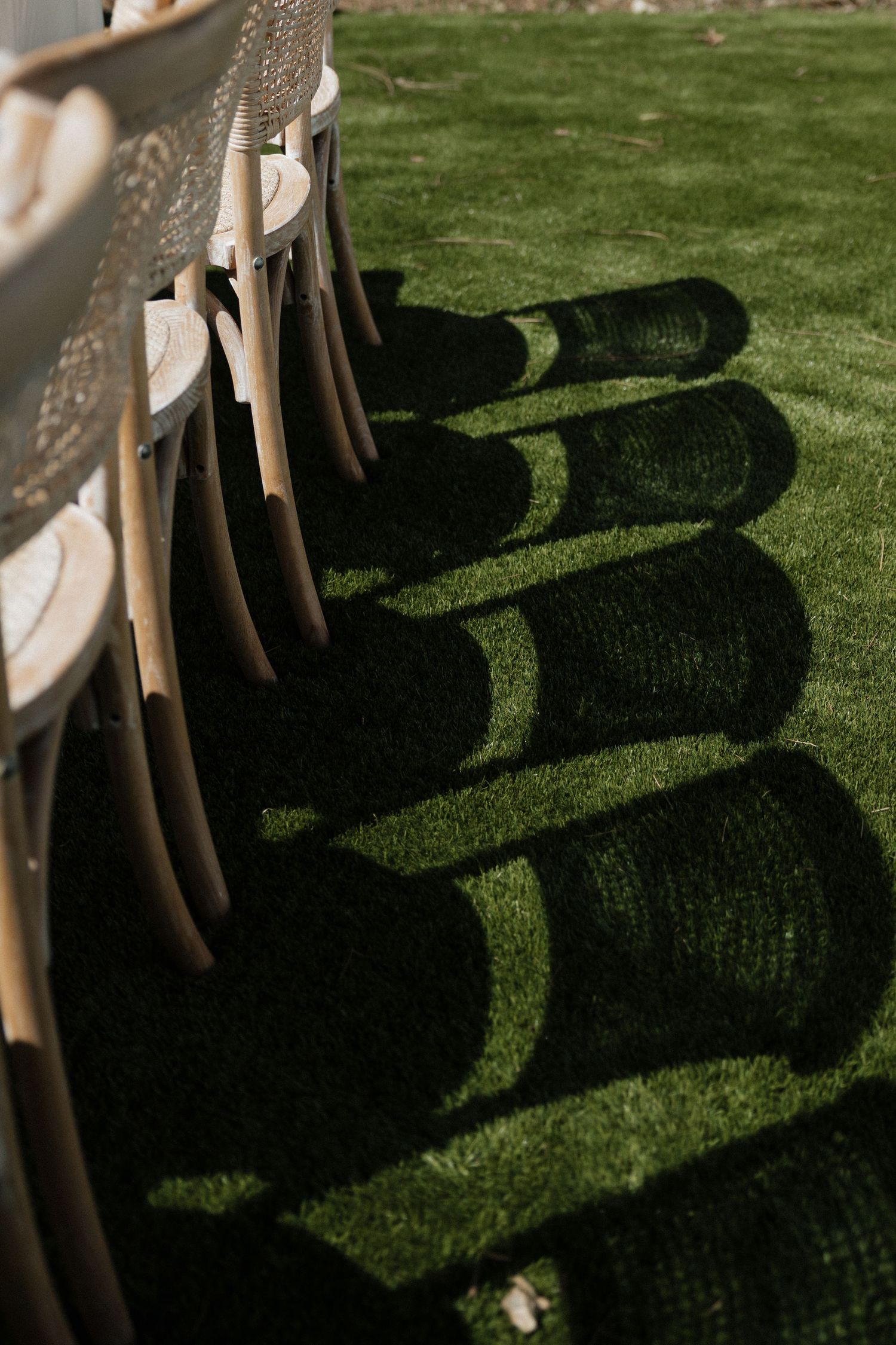Shadows of wedding chairs cast dramatic patterns on bright green lawn.