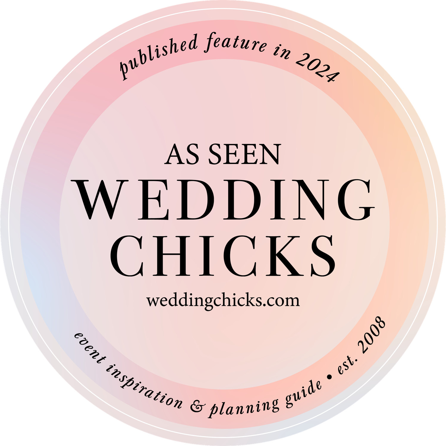 Circular pink and peach gradient badges with text for Wedding Chicks website and planning guide.