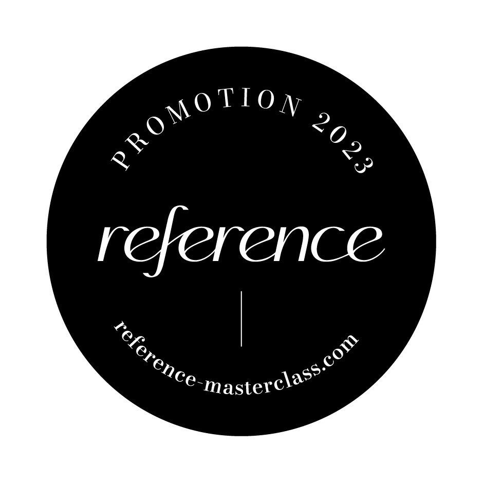 A black circular logo design with white text reading 'reference' and 'PROMOTION 2023' with reference-masterclass.com.