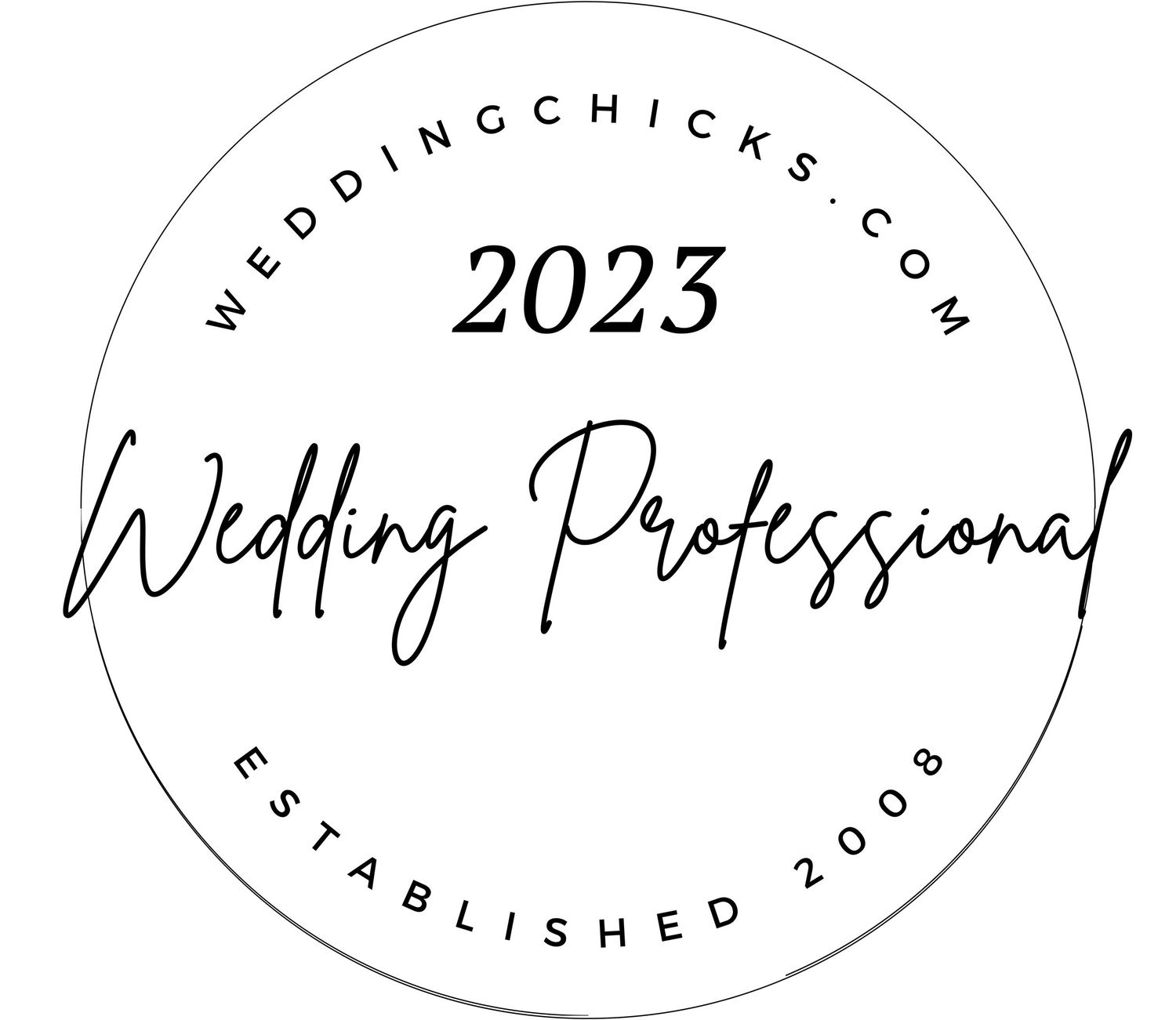 Three circular business logo stamps with established dates and wedding industry branding in a minimalist style.