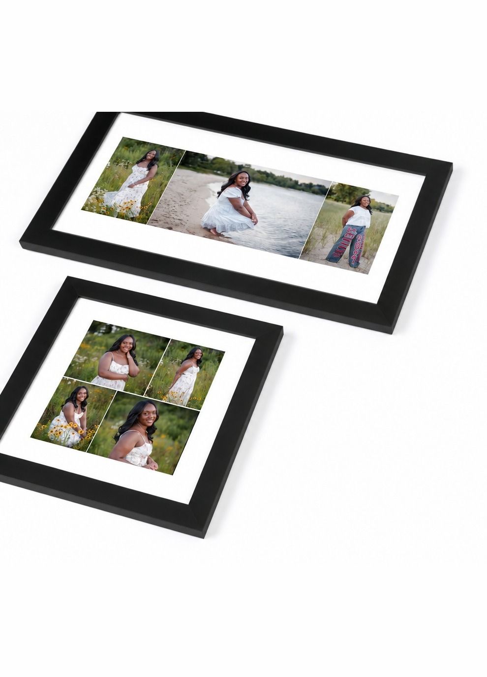 Two black-framed collage prints with white mats showing a woman in a white dress posing outdoors in a grassy field by a lake.