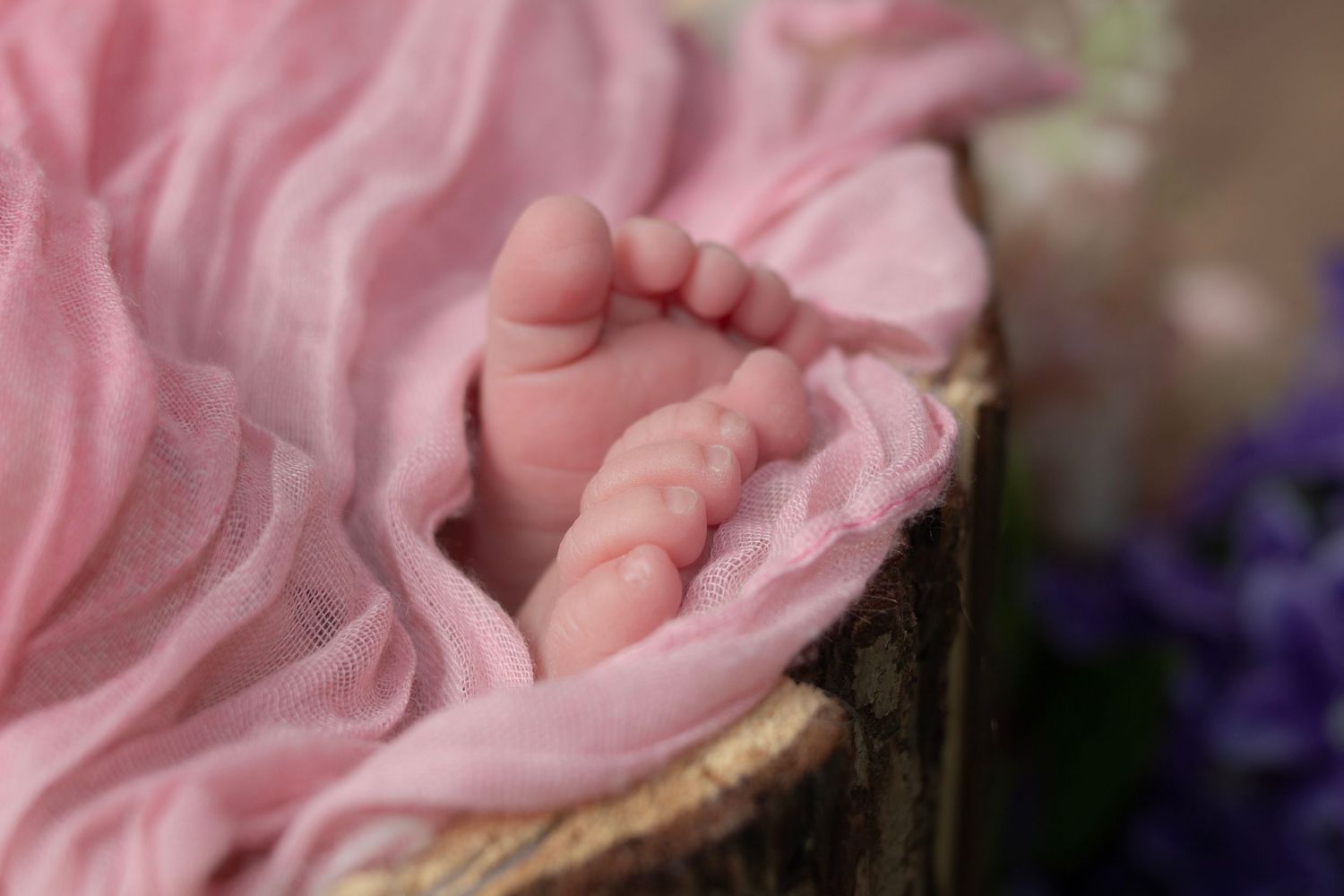Close-up of a newborn baby's foot wrapped in a soft pink blanket.