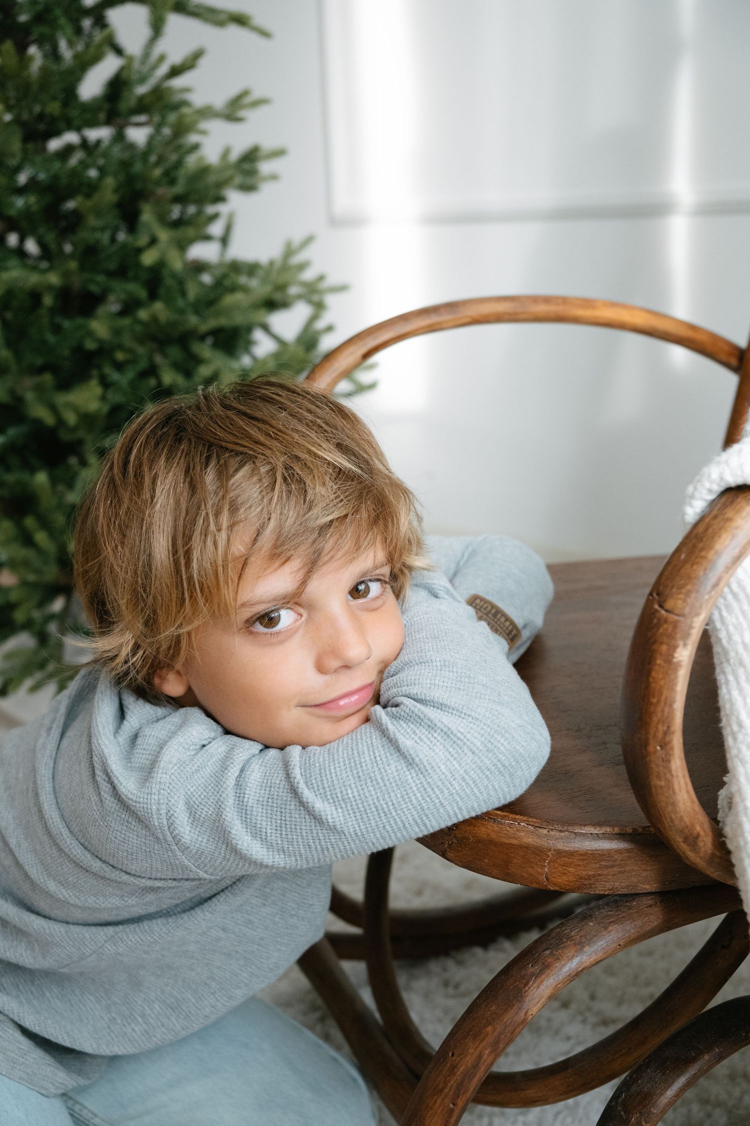 A young boy in a gray sweater rests his arms on a wooden chair near a Christmas tree, looking at the camera.