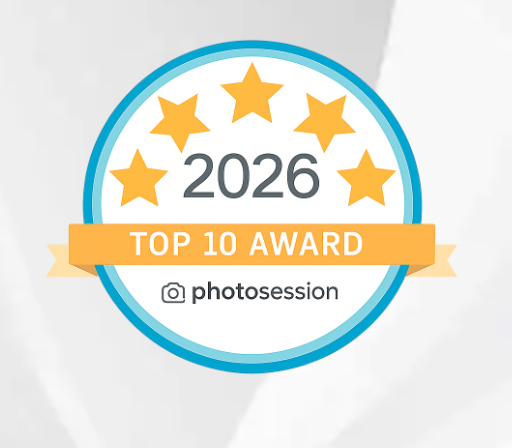 2026 Top 10 Award badge from Photosession featuring gold stars on a blue and white circular emblem.