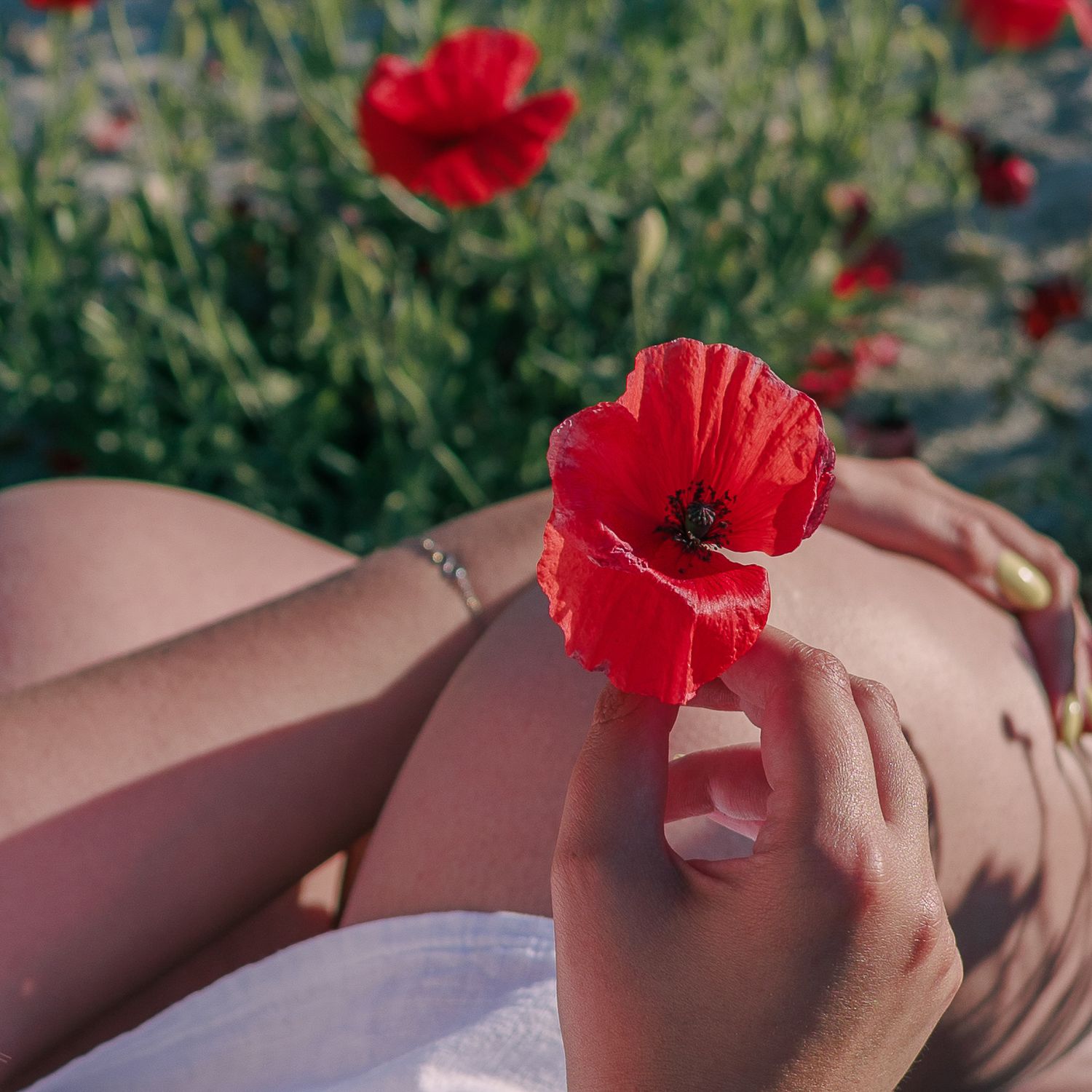 Une femme tient un coquelicot lors d'une séance photo portrait en extérieur.