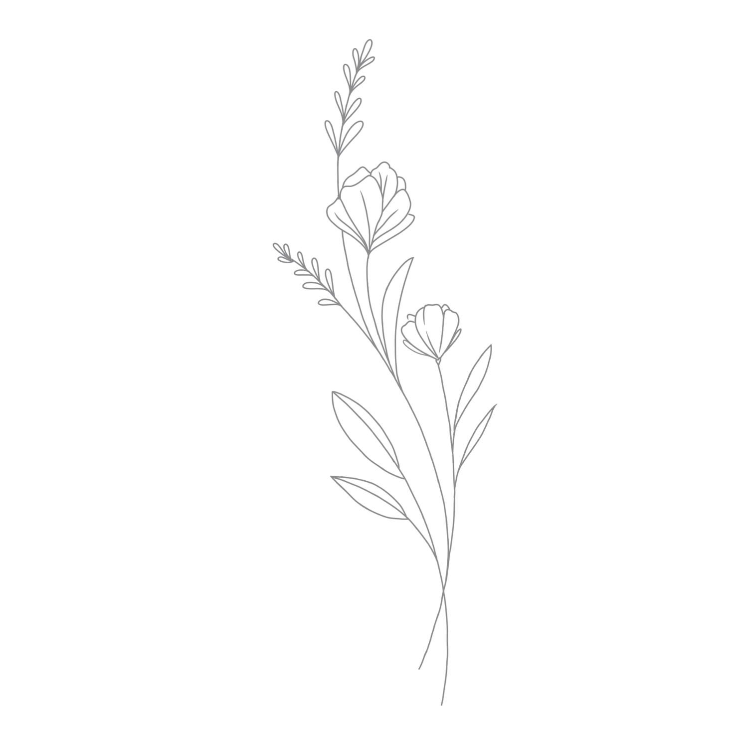 Minimalist line art drawing of delicate wildflowers and leaves on white background.