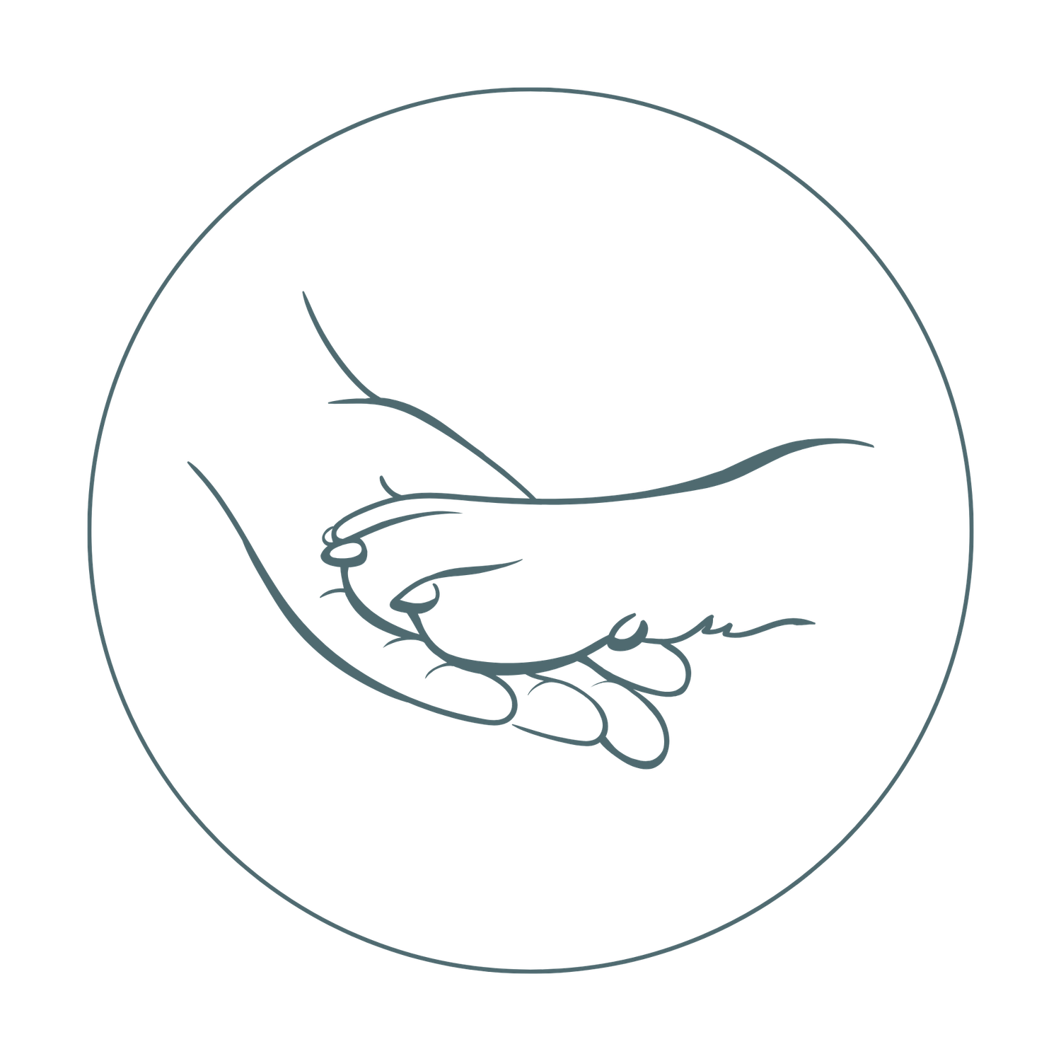Minimal line art icon of a human hand holding a dog’s paw.