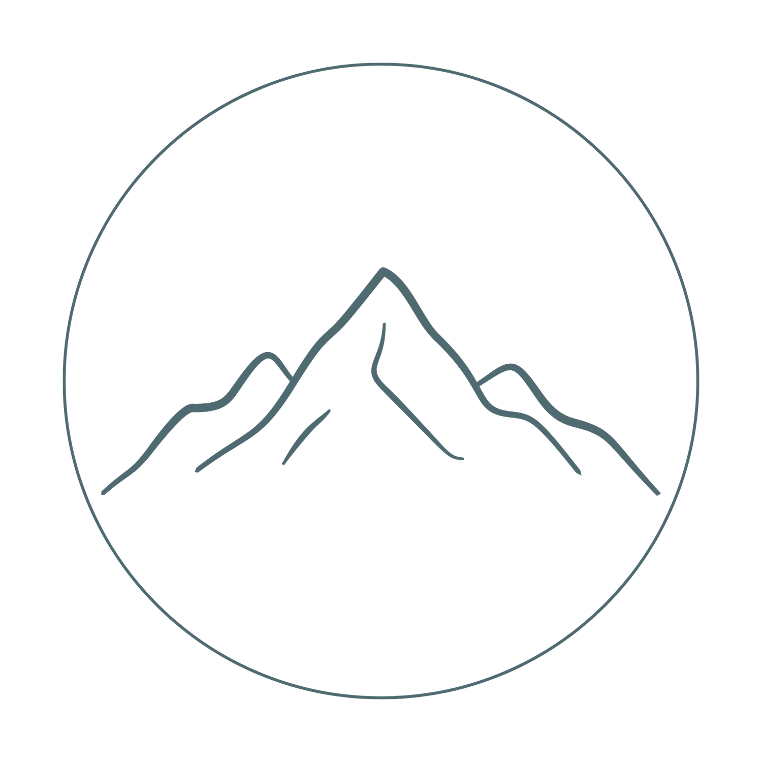 Minimal line art icon of mountain peaks inside a circle.