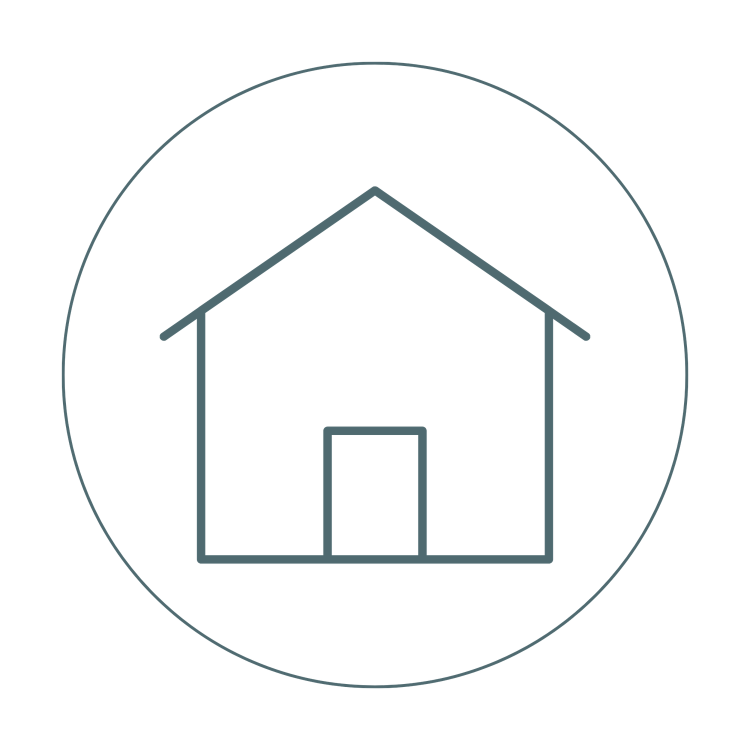 Minimal line art icon of a house inside a circle.