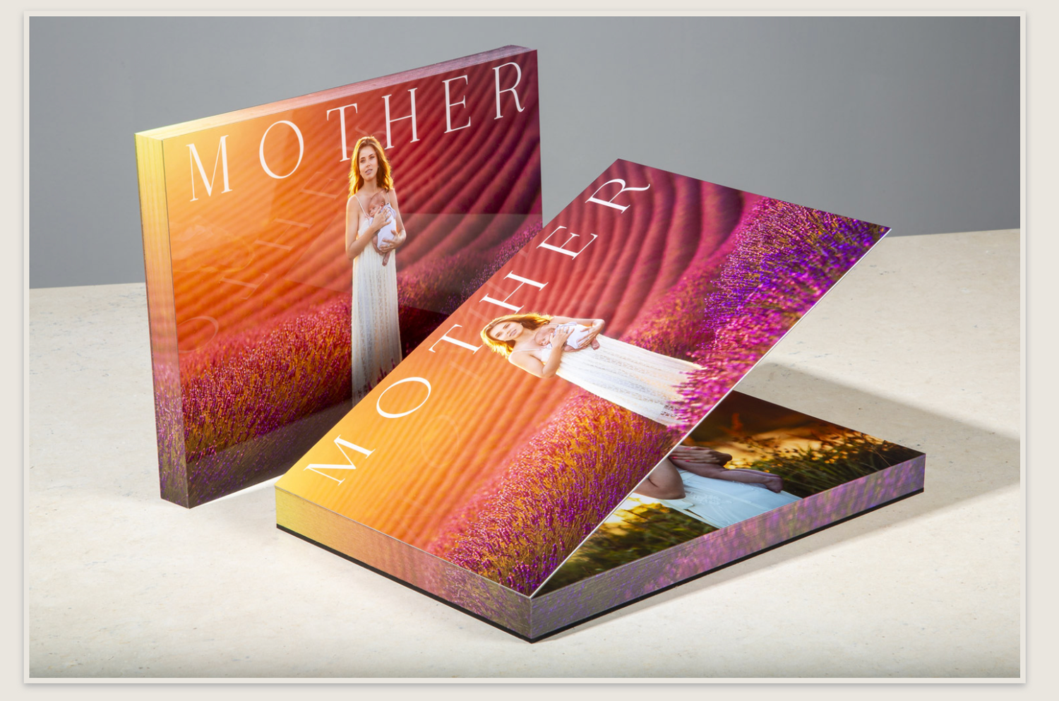 Colorful MOTHER magazine covers featuring a woman in a white dress among vibrant flower fields.
