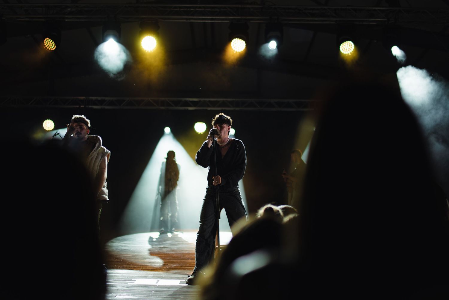 Performer singing on a dimly lit stage with dramatic spotlights and audience silhouettes in the foreground.