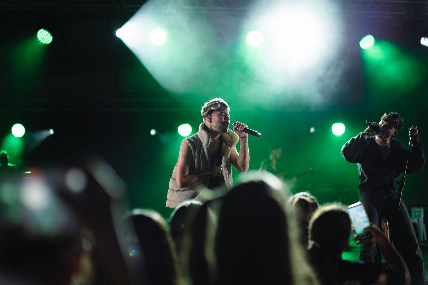 Singer performing live on stage under green lights with crowd reaching up in the foreground.