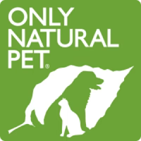 Only Natural Pet logo featuring white silhouettes of a dog and cat on a green background.
