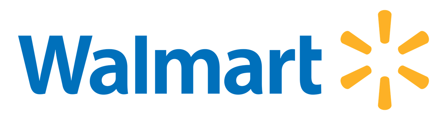 Walmart logo featuring bold blue text with a yellow six-pointed spark or asterisk symbol on a white background.