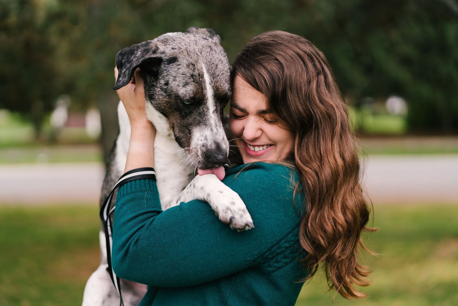 Smiling young woman in green sweater hugging a gray and white Great Dane puppy outdoors in a park.