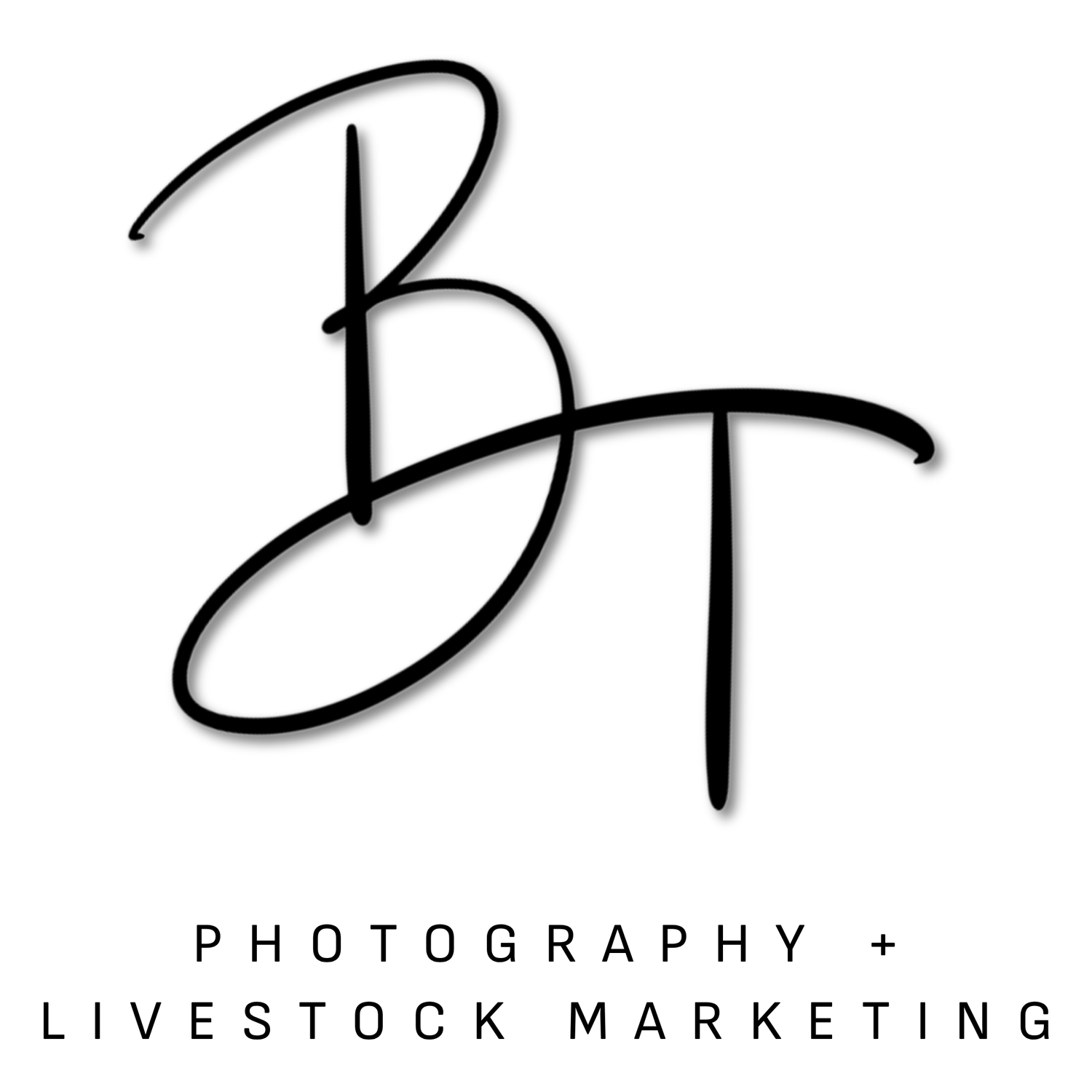 BT Photography and Livestock Marketing logo with elegant script initials on white background.
