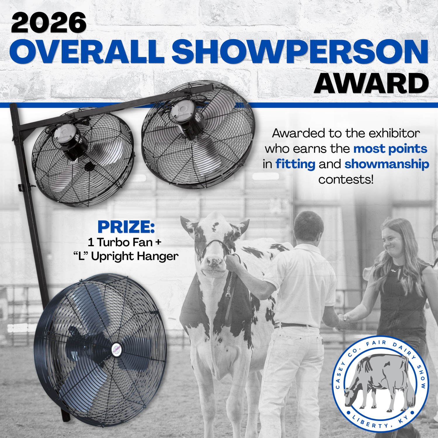 2026 Overall Showperson Award graphic featuring turbo fan prize for top fitting and showmanship exhibitor.