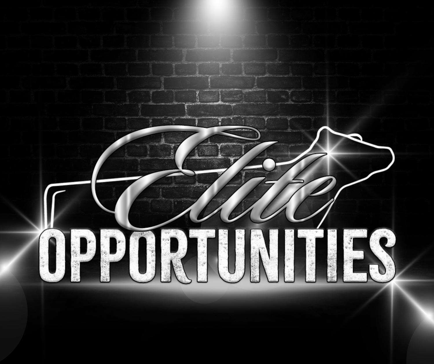 Elite Opportunities logo with silver text and cow silhouette on dramatic dark brick background.